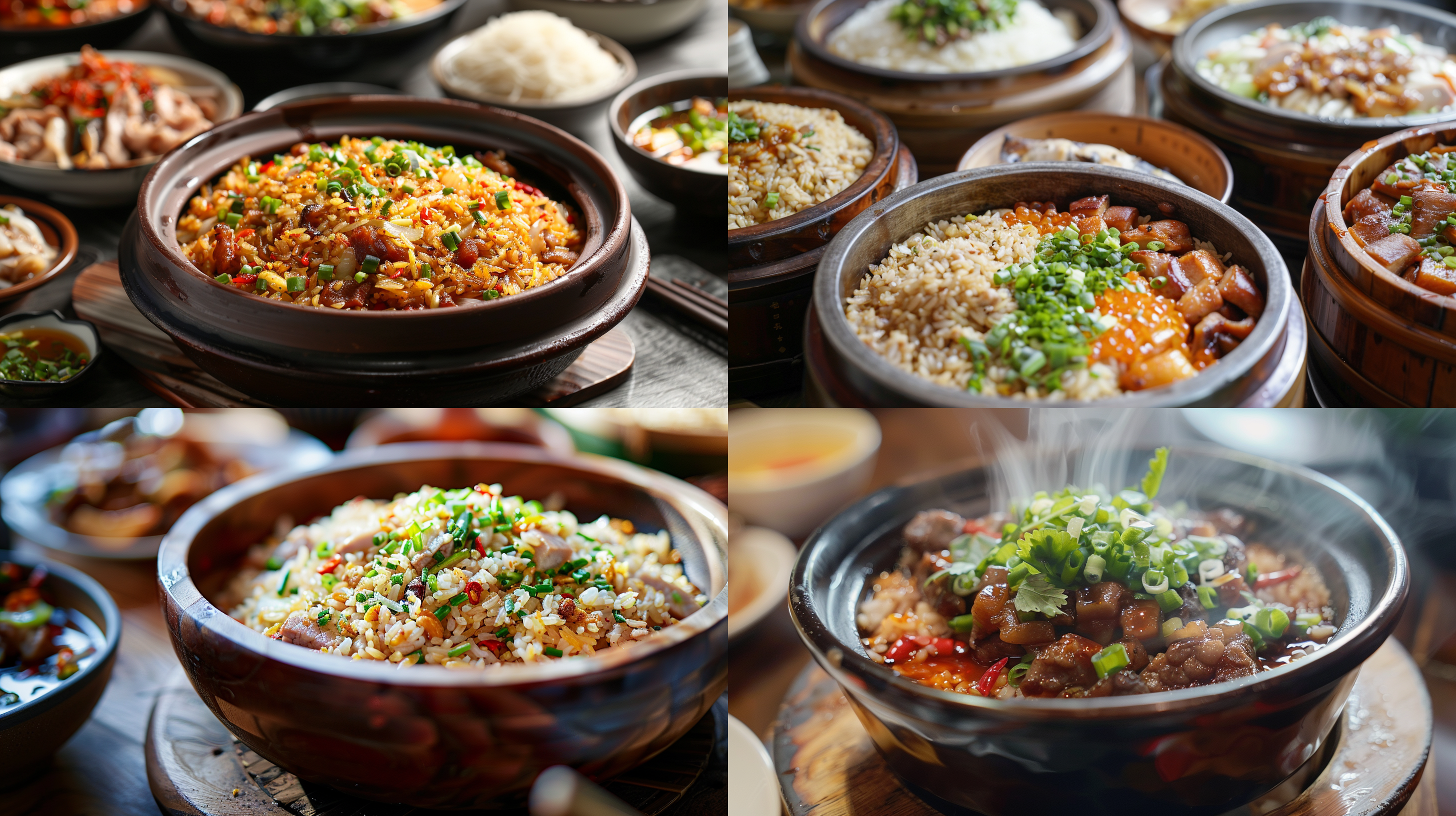扬州炒饭，红烧肉，水煮鱼，真实的细节，真实的质感，完美的细节，真实的摄影，广角镜头，近距离拍摄，真实的摄影，照片，光影层次丰富
