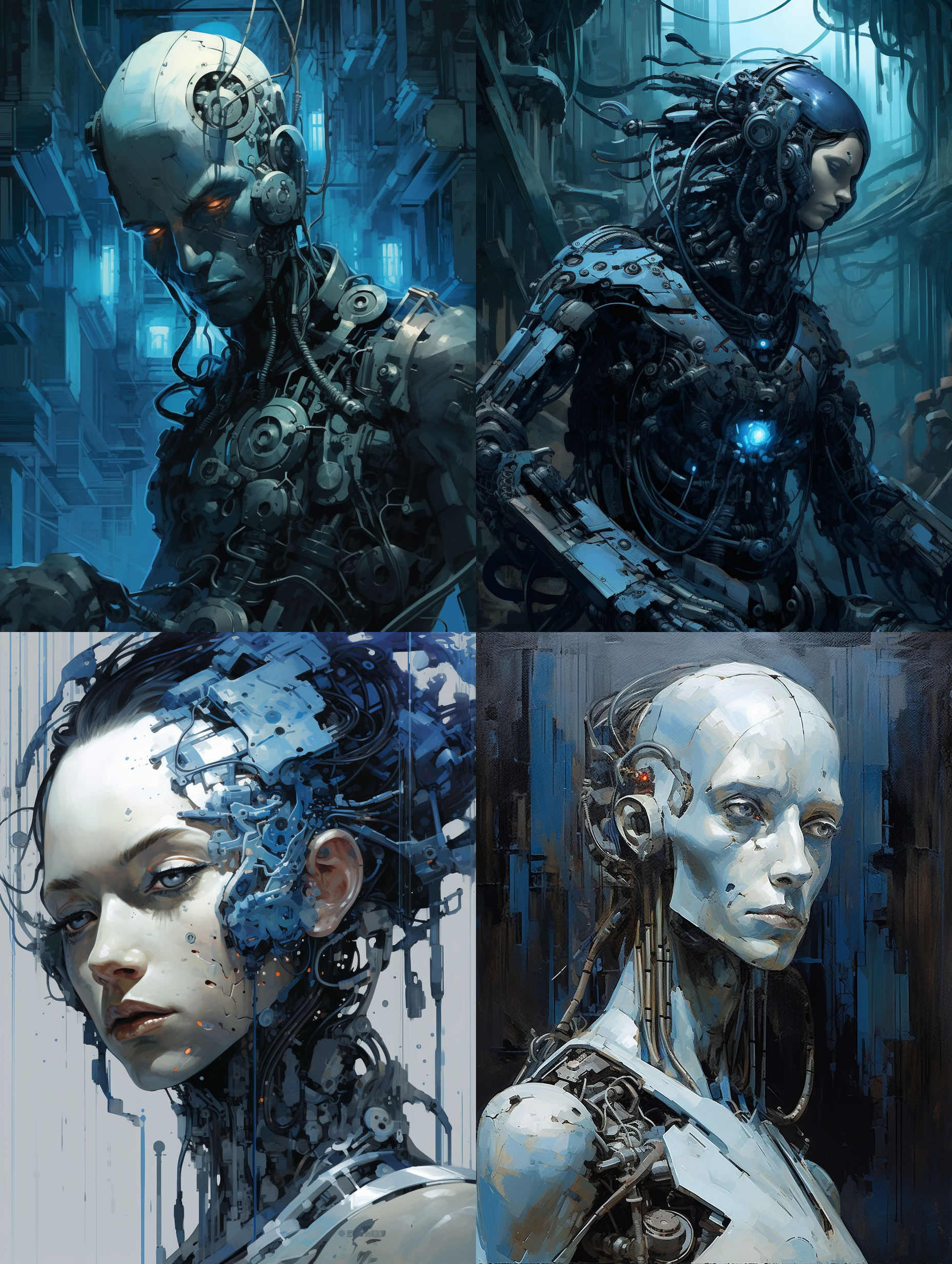 突出机器人，机械手臂，深蓝色调，硬质材质，高光，透视构图，动态线条，冷色调，抽象，创新。