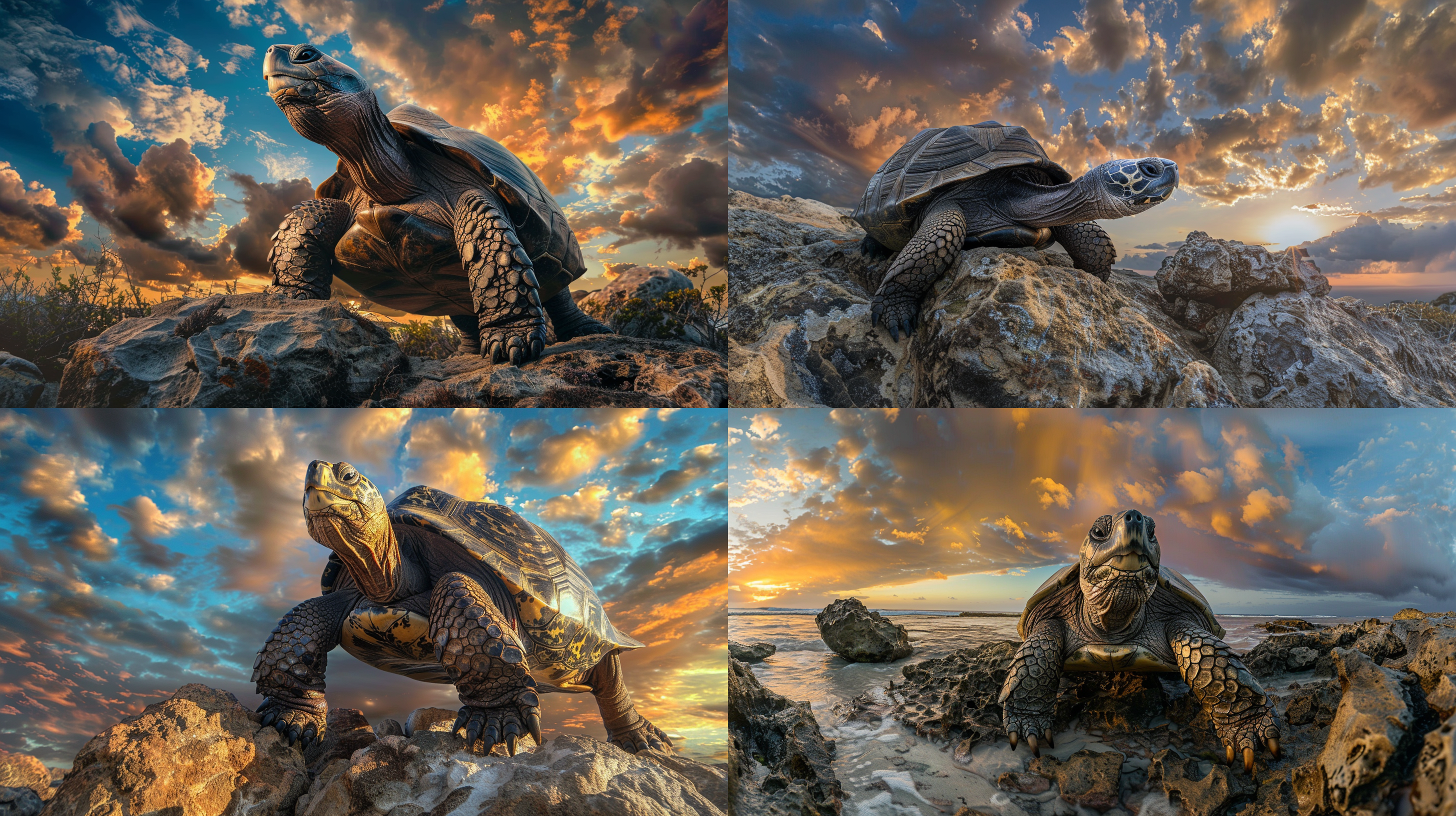 巨型乌龟站在巨石上，细节丰富，真实逼真，多彩云层背景，全景广角镜头，近距离拍摄，视觉冲击力强，摄影真实。