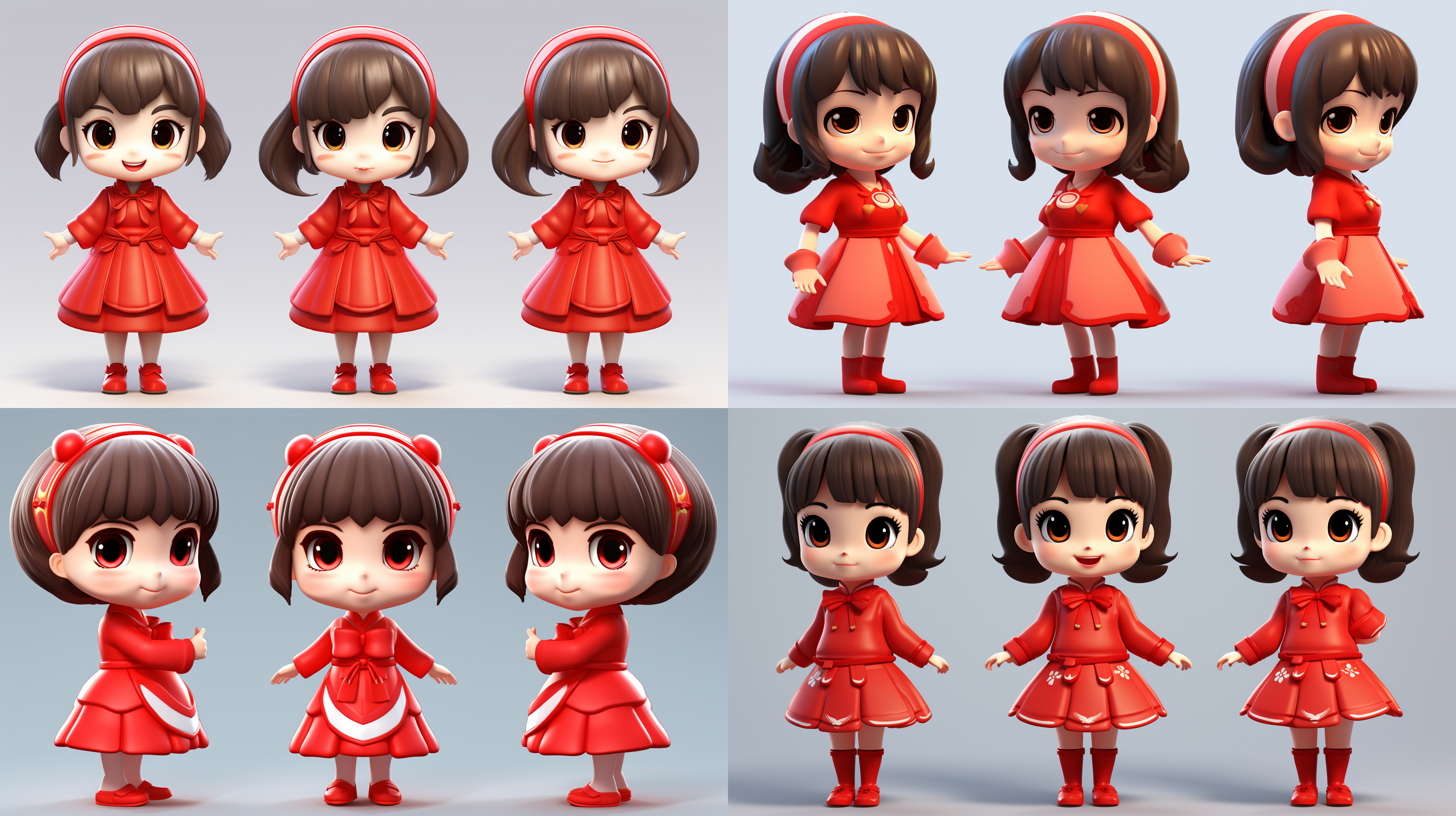 三视图全身、正面、侧面::1、背面、正视图、侧视图、女孩侧视图、女孩正视图、女孩后视图、中国风女孩、穿红色卡通服装、圆润的造型、鲜艳的色彩、强调明亮和快乐情怀,引人注目,大眼睛,圆脸,3d,c4d渲染,盲盒风格,高清,细节丰富,简约背景