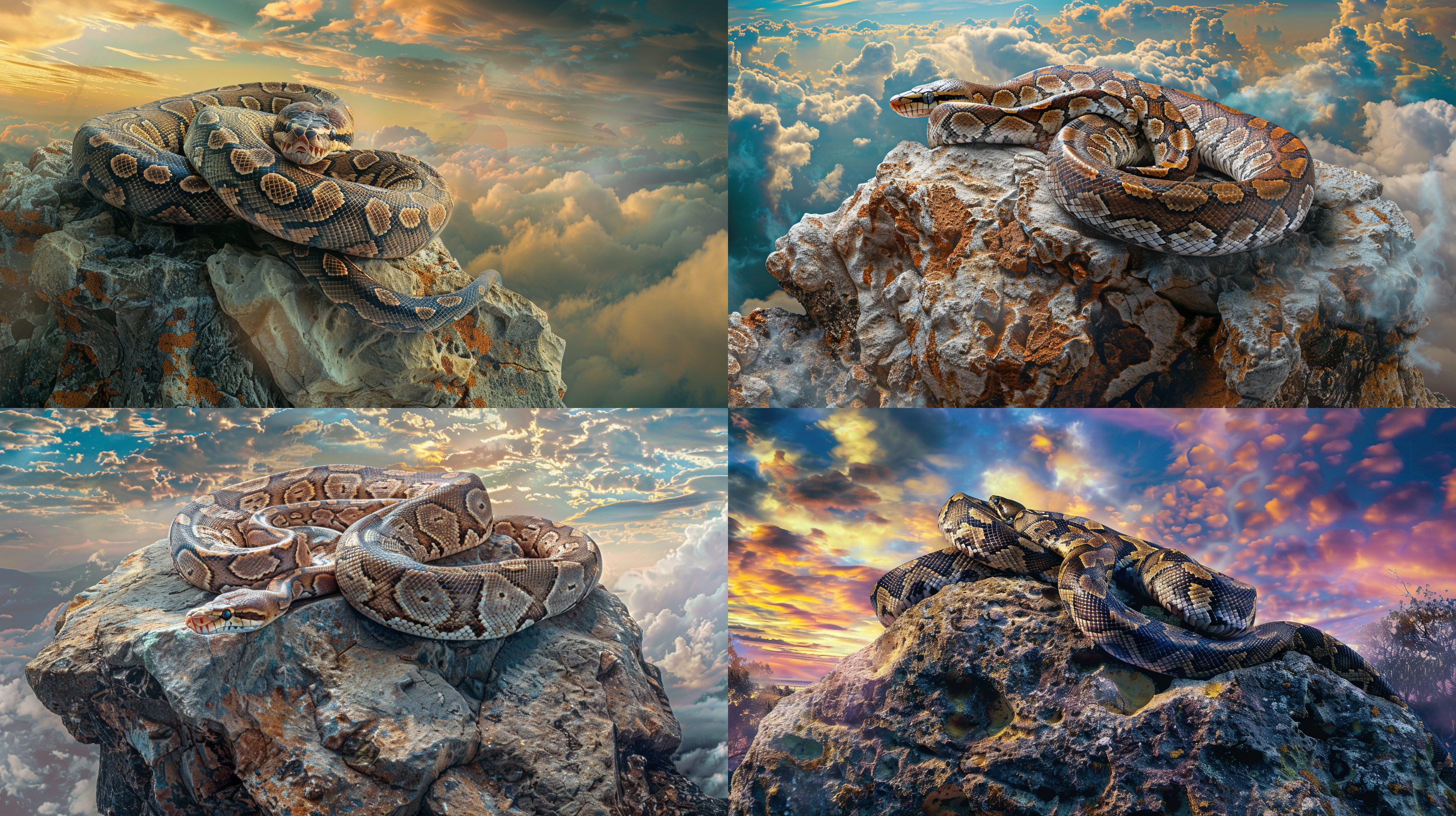 一条巨大的森蚺盘在一块巨石上，完美的细节，丰富的细节，真实的细节，背景是多彩的云层，真实的摄影，照片，全景，广角镜头，近距离拍摄，很强的视觉冲击力