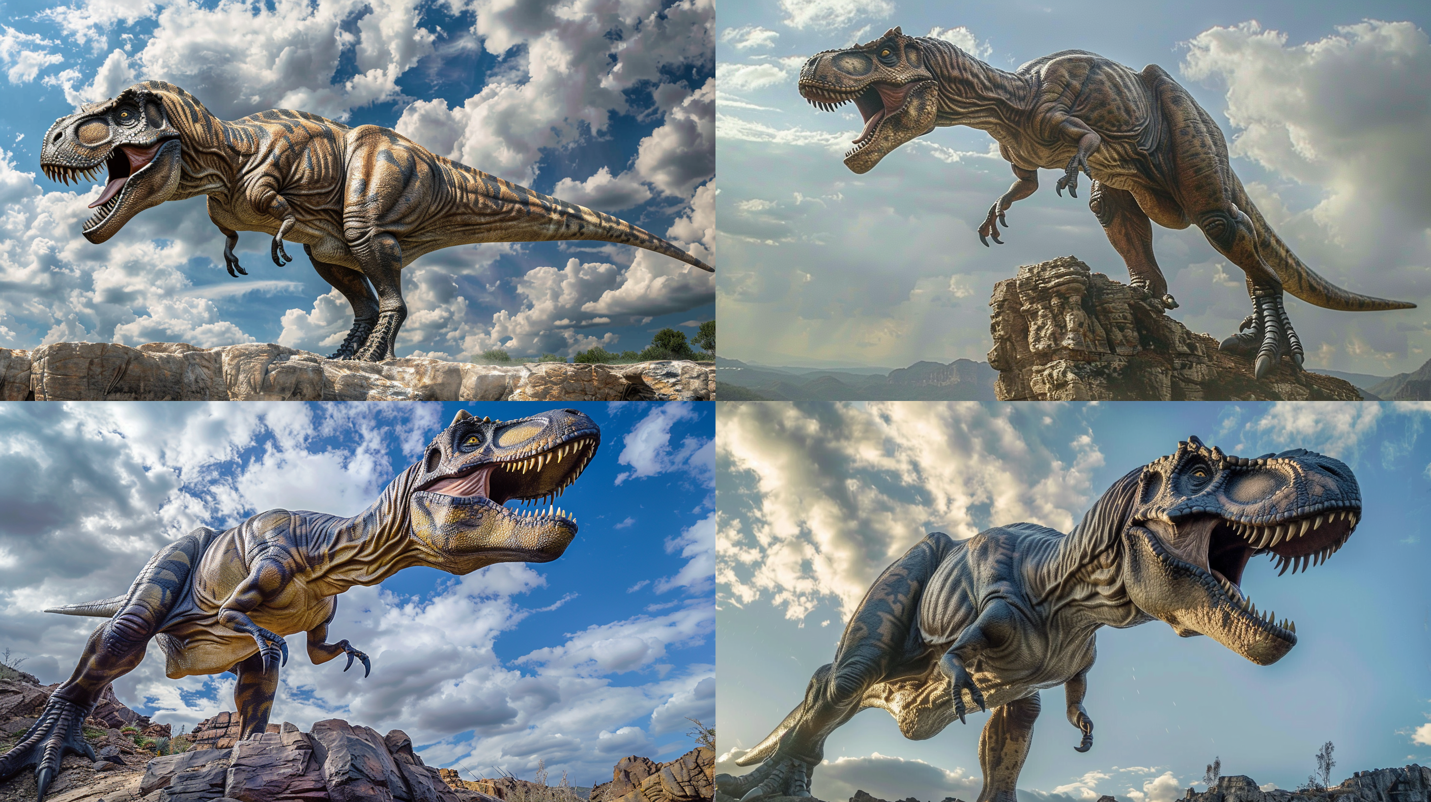 巨大的霸王龙站在悬崖边，真实的霸王龙，完美的细节，丰富的细节，真实的细节，背景是多彩的云层，真实的摄影，照片，全景，广角镜头，近距离拍摄，很强的视觉冲击力