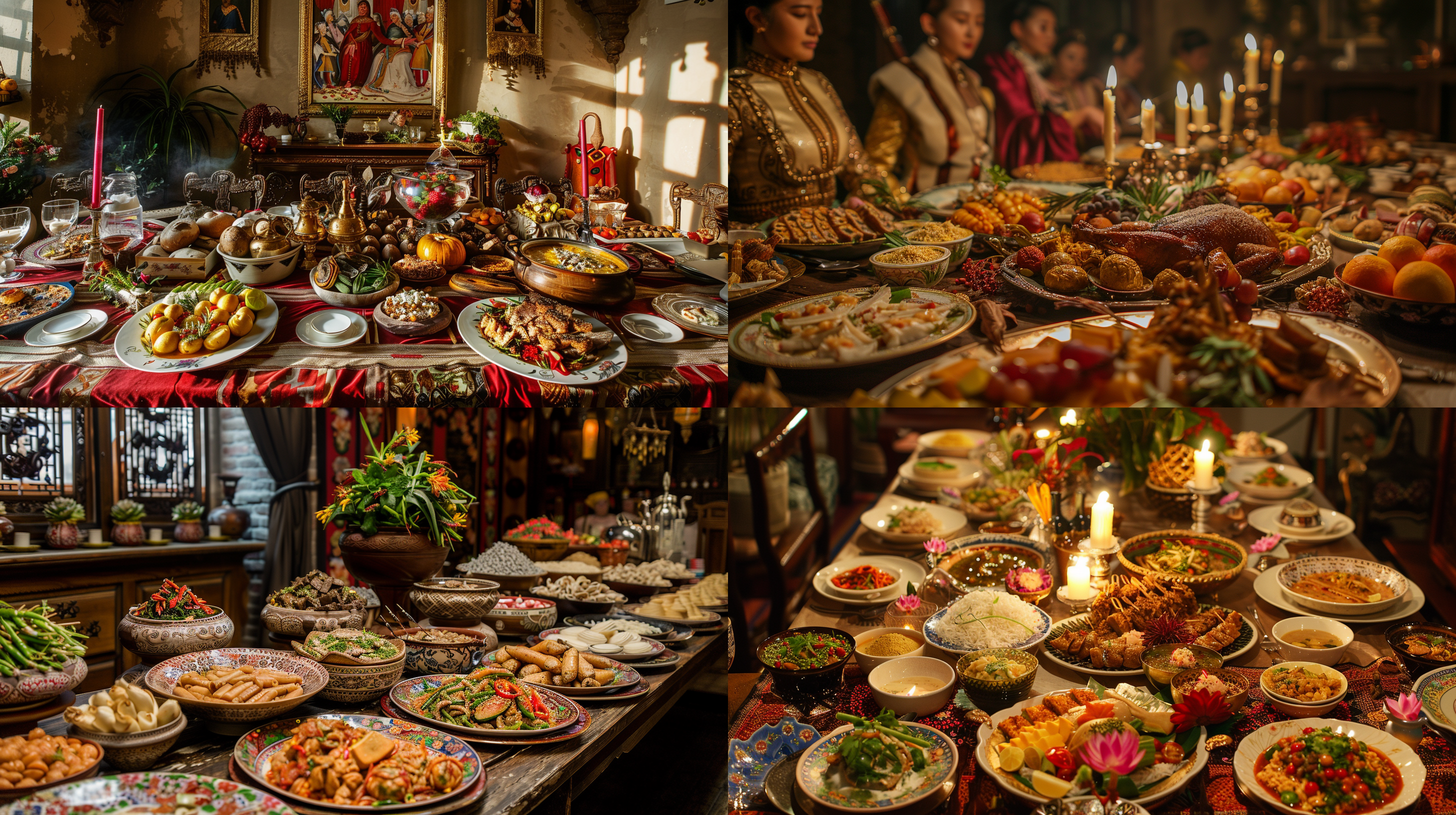 满汉全席，全景照片，广角镜头，真实细节，细腻质感，光影层次丰富，暖色调，饱满色彩，传统服饰，华丽装饰，丰盛食材，真实摄影。