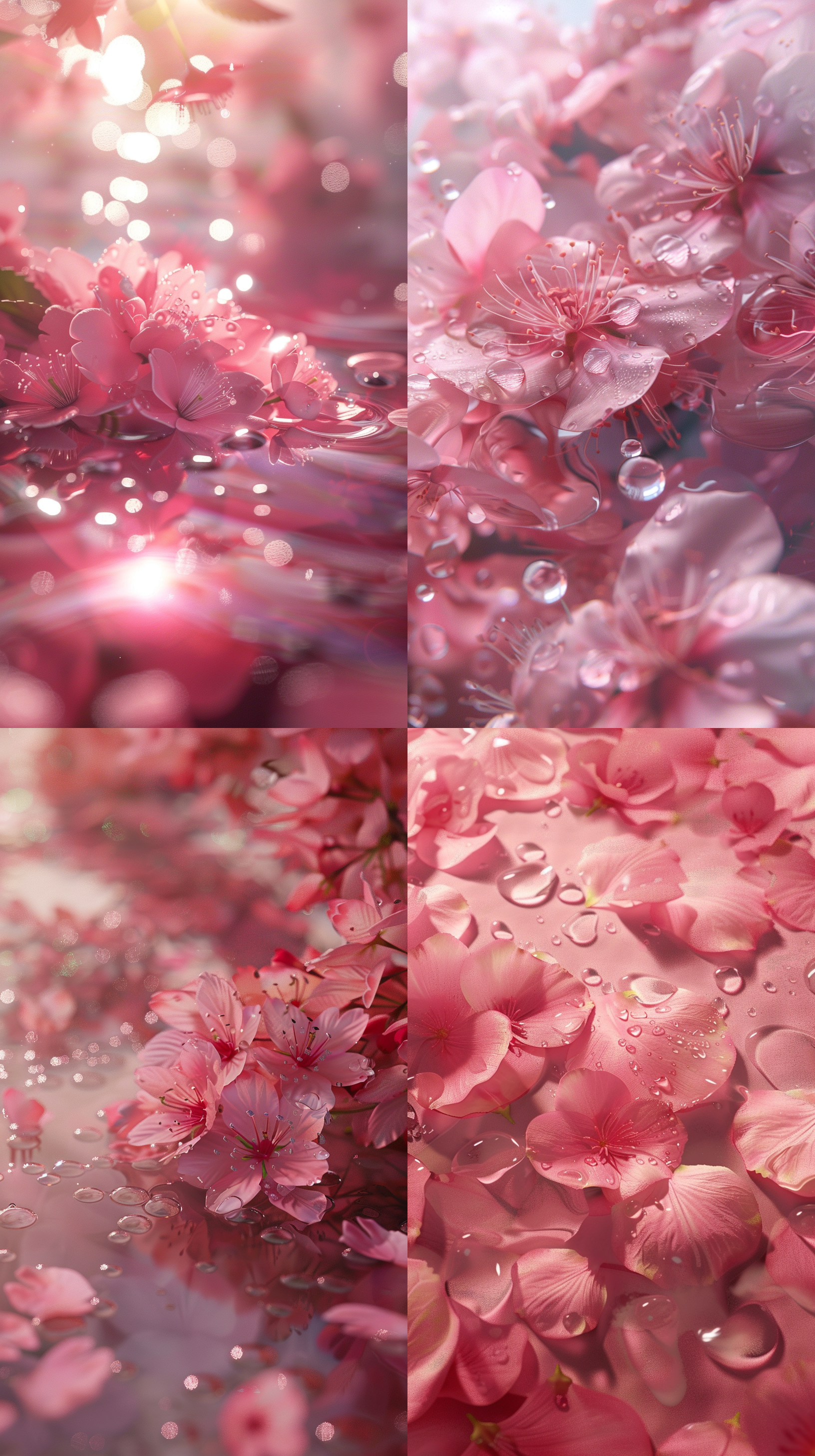 全是樱花花瓣，画面铺满樱花花瓣::2，露珠::1.5，玫红色色盘::1，物体，仙境，柔光，特写::2，写实主义，高质量::2，多细节，4k，只有樱花花瓣::2