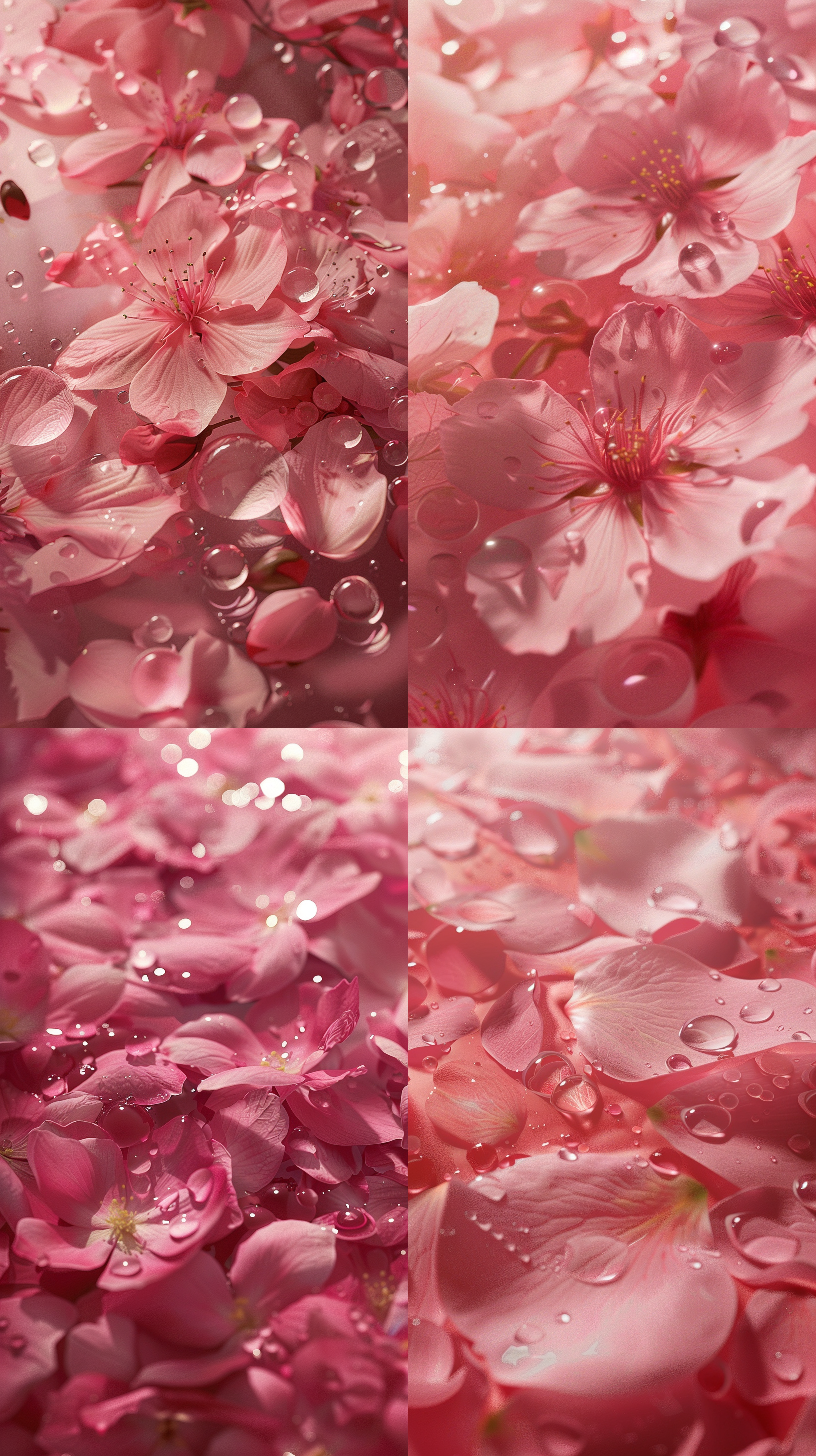 全是樱花花瓣，画面铺满樱花花瓣::2，露珠::1.5，玫红色色盘::1，物体，仙境，柔光，特写::2，写实主义，高质量::2，多细节，4k，只有樱花花瓣::2