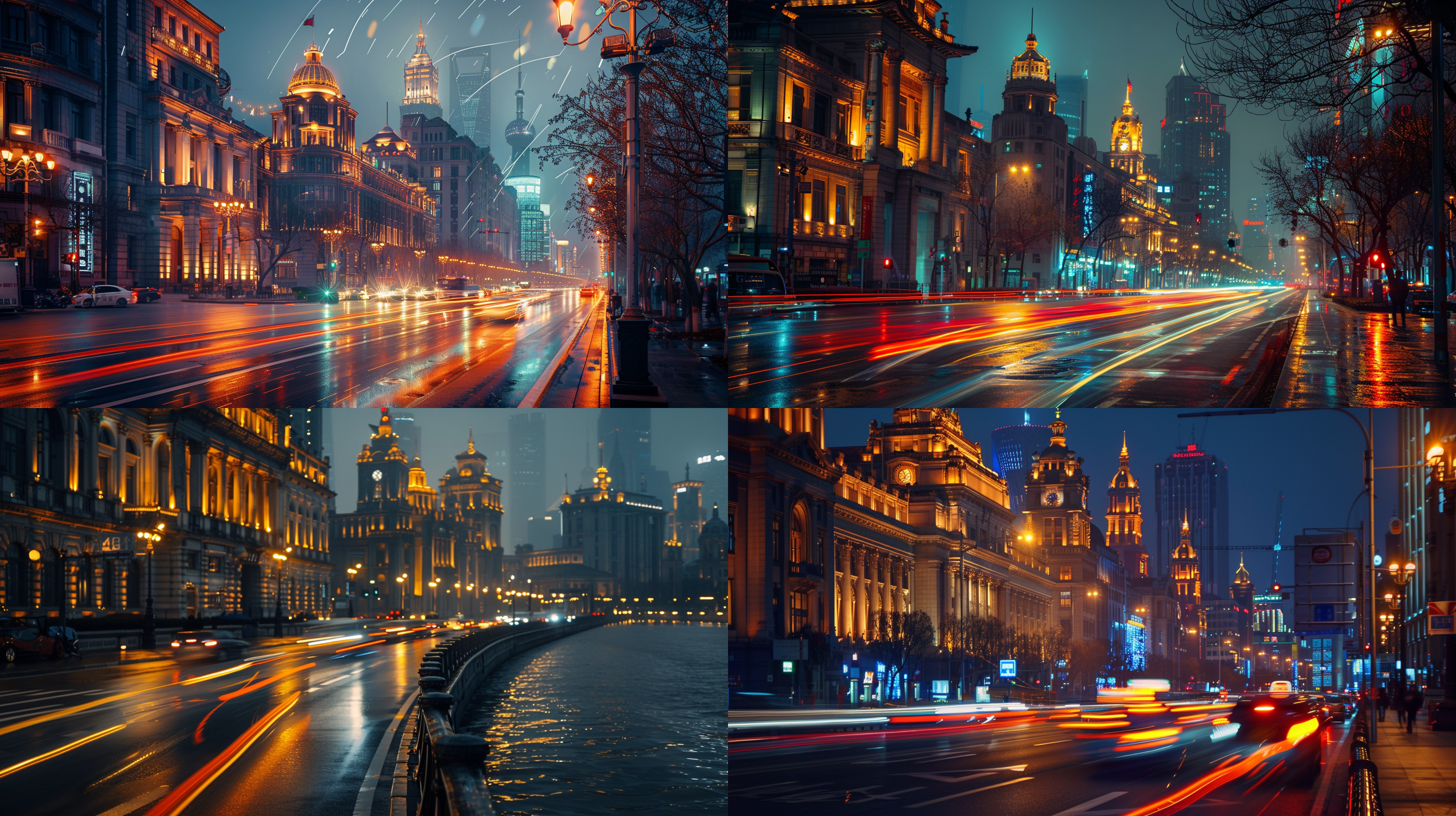 on winter nights, the bund street in shanghai is lined with tall buildings and dim lights. the night scene is magnificent, and the photographer uses a telephoto lens to present a sense of depth and depth. the car taillights glide through the dark night, creating a flowing light track that adds a sense of dynamism. the overall color tone is cooler, creating a cold winter atmosphere.