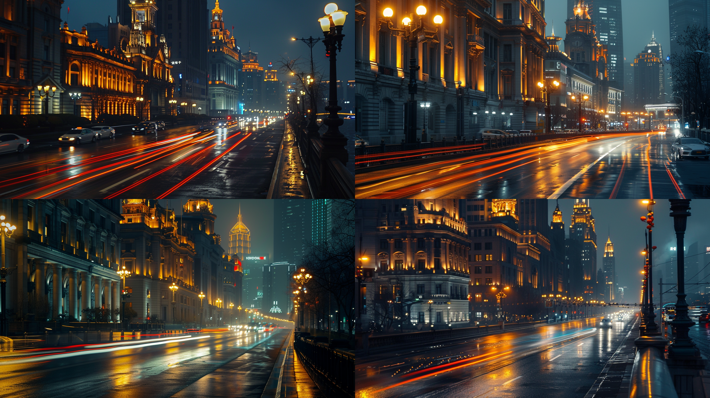 on winter nights, the bund street in shanghai is lined with tall buildings and dim lights. the night scene is magnificent, and the photographer uses a telephoto lens to present a sense of depth and depth. the car taillights glide through the dark night, creating a flowing light track that adds a sense of dynamism. the overall color tone is cooler, creating a cold winter atmosphere.