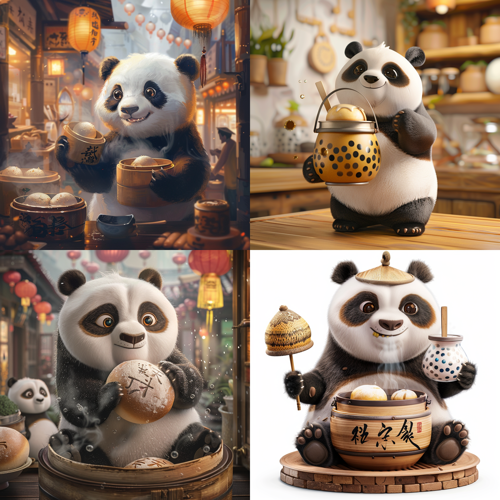 一个熊猫，抱着蒸笼，蒸笼里放着包子，3d泡泡马龙风格，高清无损