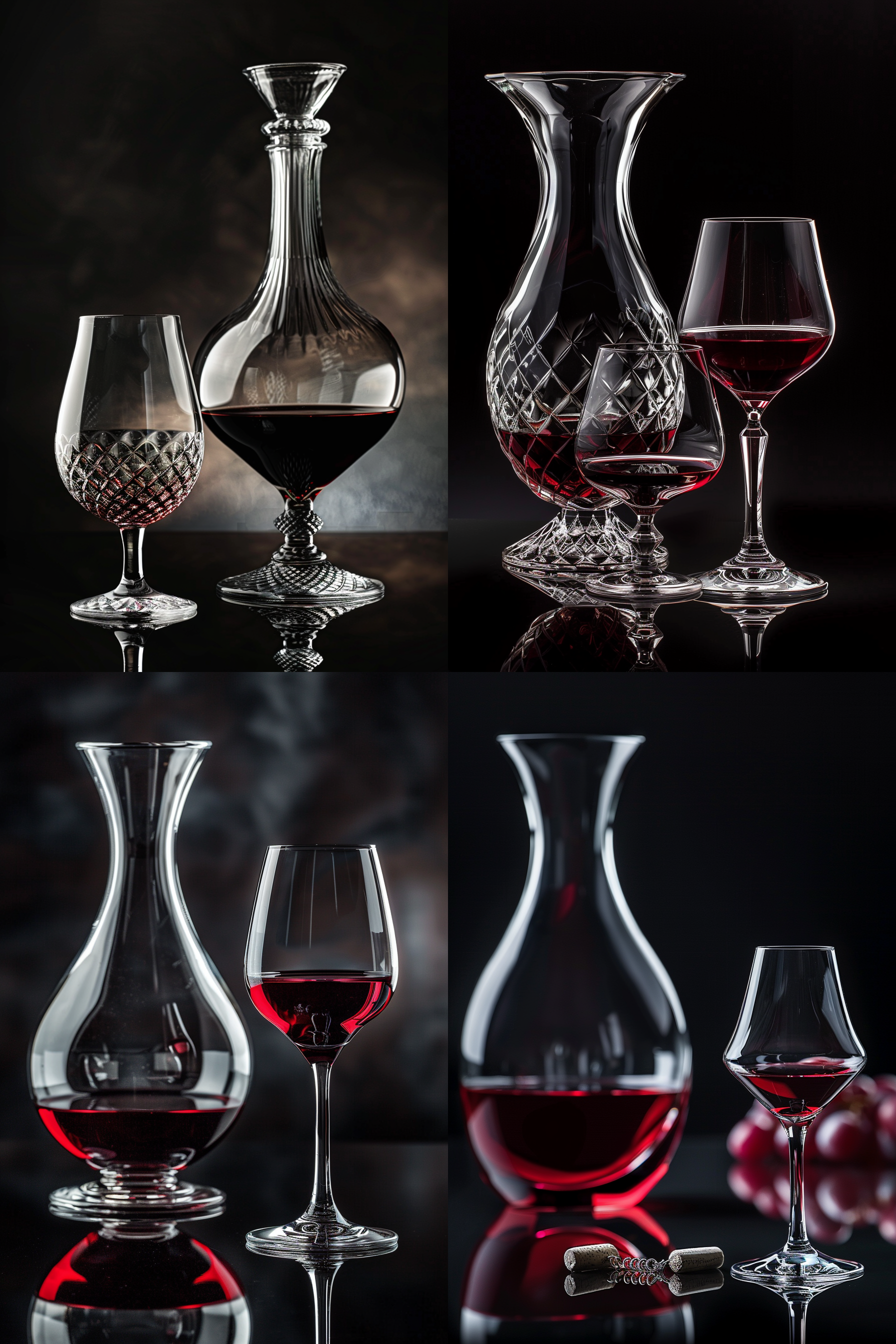 玻璃红酒醒酒器和玻璃红酒高脚杯,杯中有红酒,晶莹剔透,光影层次丰富,真实的玻璃质感,真实的细节,真实的摄影,静物,对称构图,浅景深,柔和光线,高反差,金属质感,深色背景,优雅,精致。