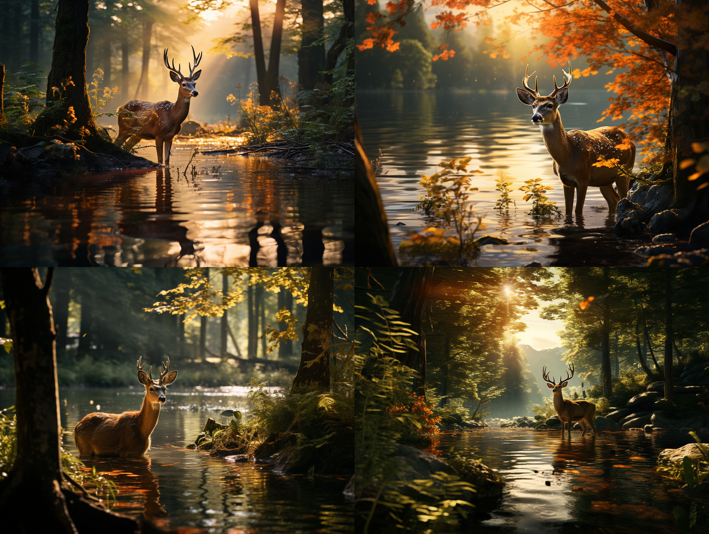 小鹿喝水，湖边，阳光透过树林，常规镜头，重点光照明，丁达尔效应，高清，8k，写实，自然色调，安静，宁静。