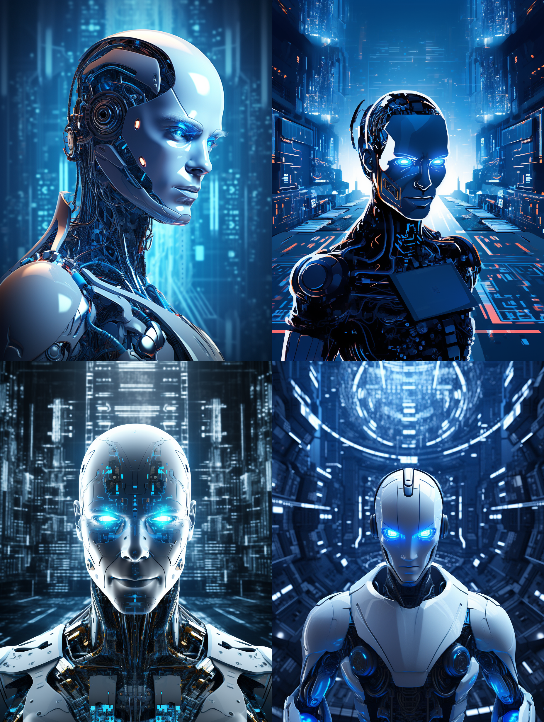 机器人点亮创意，简约背景，未来主题，高光，蓝色调，中心构图，广角透视，led灯光，抽象动作，现代风格。