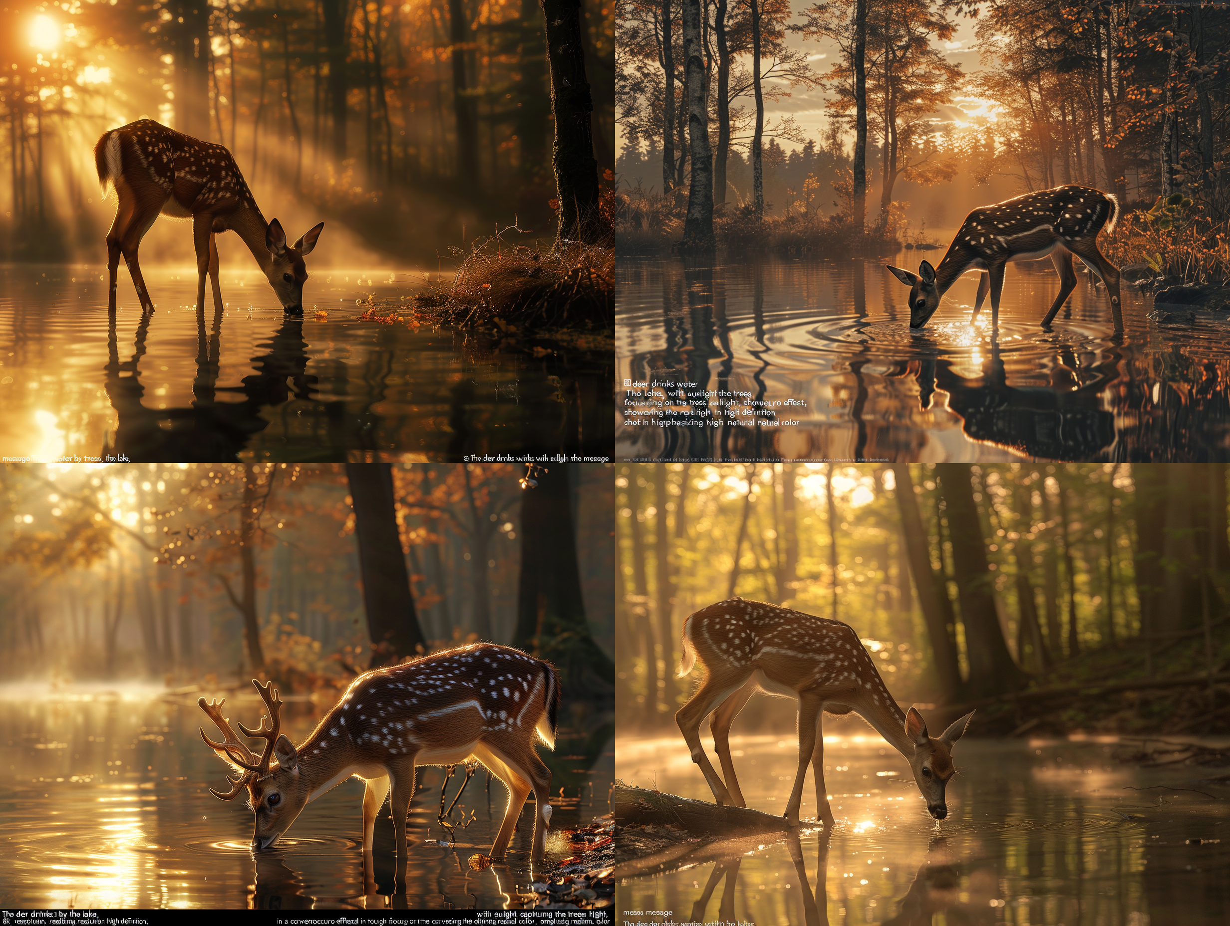 小鹿喝水，湖边，阳光穿透树林，常规镜头，重点光，丁达尔效应，高清，8k，写实，自然色调，平静。