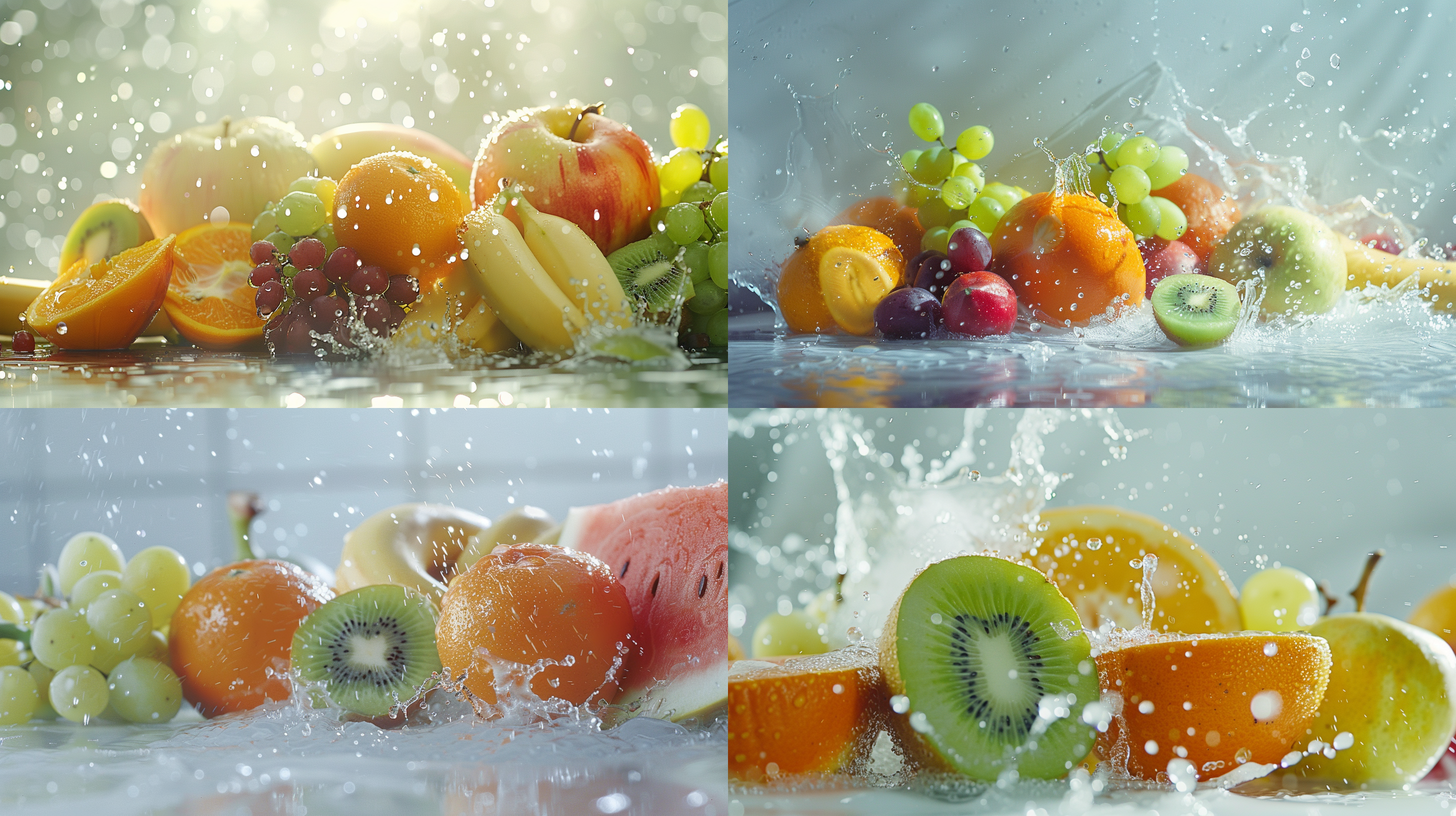 新鲜的苹果，新鲜的橙子，新鲜的猕猴桃，新鲜的葡萄，新鲜的西瓜，新鲜的香蕉，摆在白色的桌子上，水果上面有晶莹剔透的水珠，有泼洒状的水，给人非常清新、新鲜的感觉，真实的细节，明亮的光线，特写镜头，浅景深，真实的摄影，照片