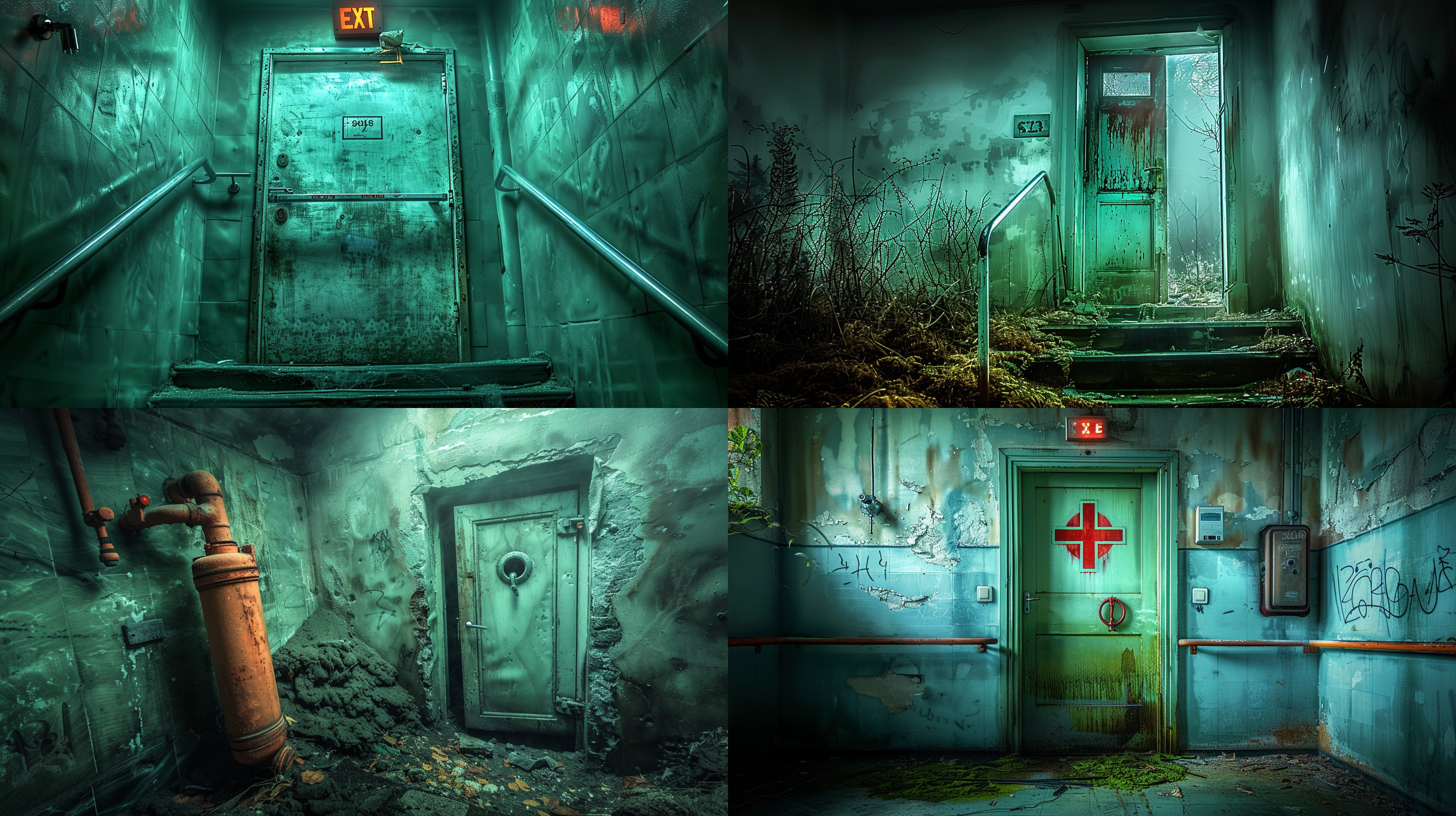 abandoned basement door, eerie, gloomy, terrifying, thick fog, suffocating, decay, silent hill, movie scene, high-definition details, high contrast, cold tones, dim light, stillness, tense."