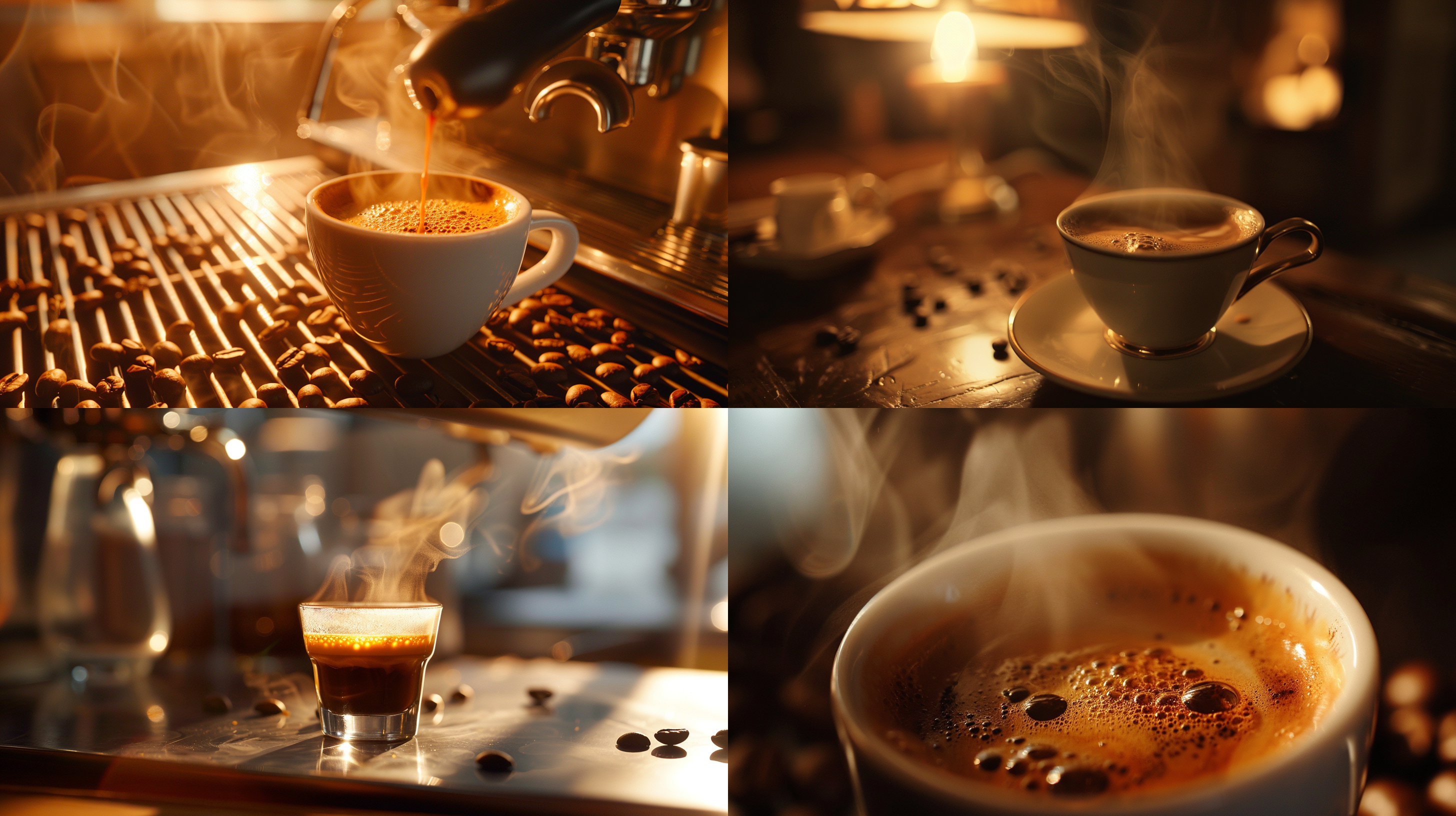 台灯下一杯意式咖啡, 光影层次丰富, 真实细节, 近距离拍摄, 特写镜头, 浅景深, 高对比度, 暖色调, 冒热气, 茶色调, 咖啡豆, 意式风情, 质感。