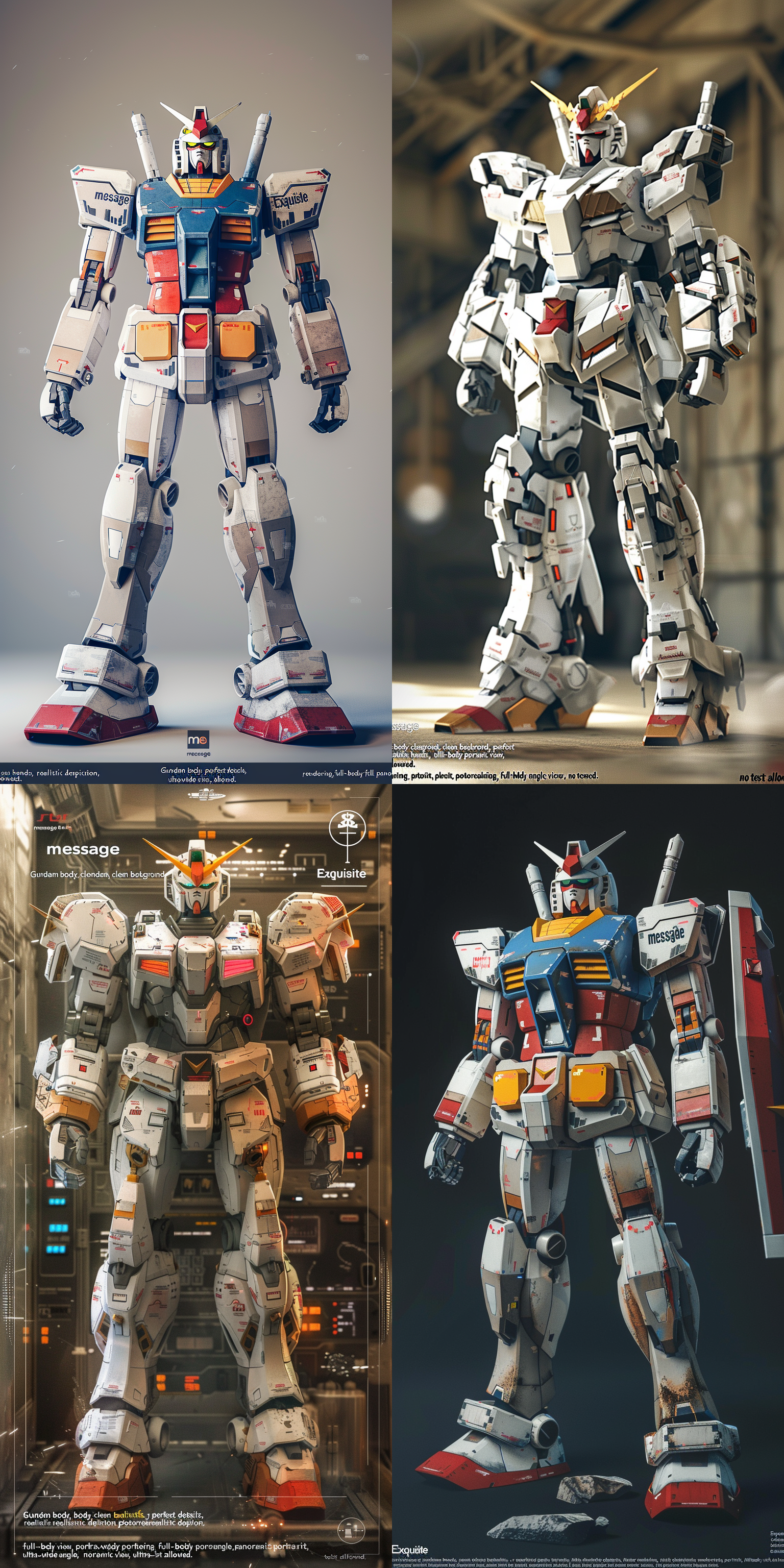 精致的高达机体，干净的背景，完美的细节，完美的手，真实的细节，真实的摄影，搅拌机渲染，全身像，全景，超广角，不要出现任何文字