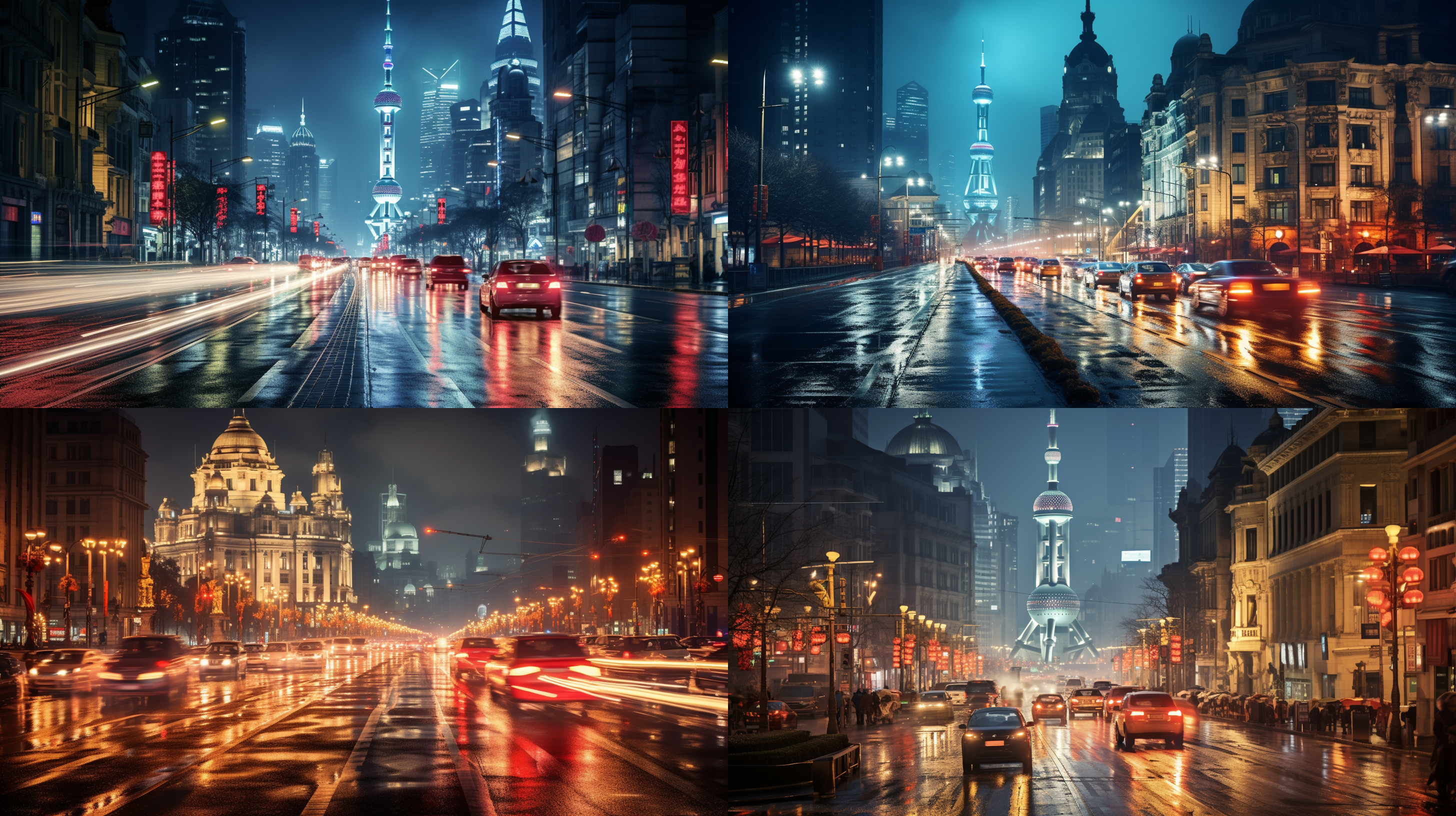 on winter nights, the bund street in shanghai is lined with tall buildings and dim lights. the night scene is magnificent, and the photographer uses a telephoto lens to present a sense of depth and depth. the car taillights glide through the dark night, creating a flowing light track that adds a sense of dynamism. the overall color tone is cooler, creating a cold winter atmosphere.