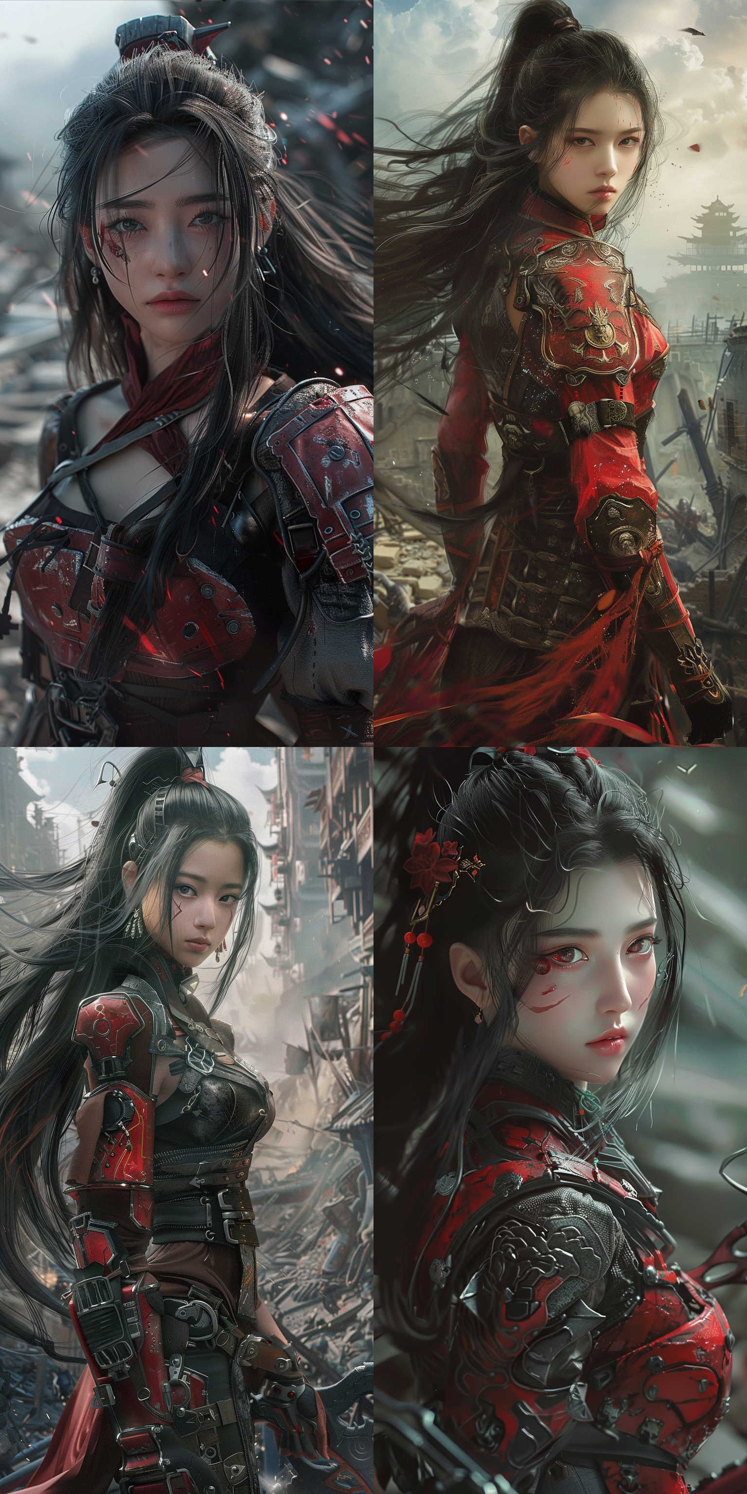 废墟城市背景，中国年轻女孩儿，黑色长发，真实头发质感，姣好面容，真实皮肤质感，保留皮肤毛孔，精致妆容，红色机甲，完美手臂，广角镜头，光影层次丰富，真实摄影，全身像，废墟环境，暗调，希望，坚强。