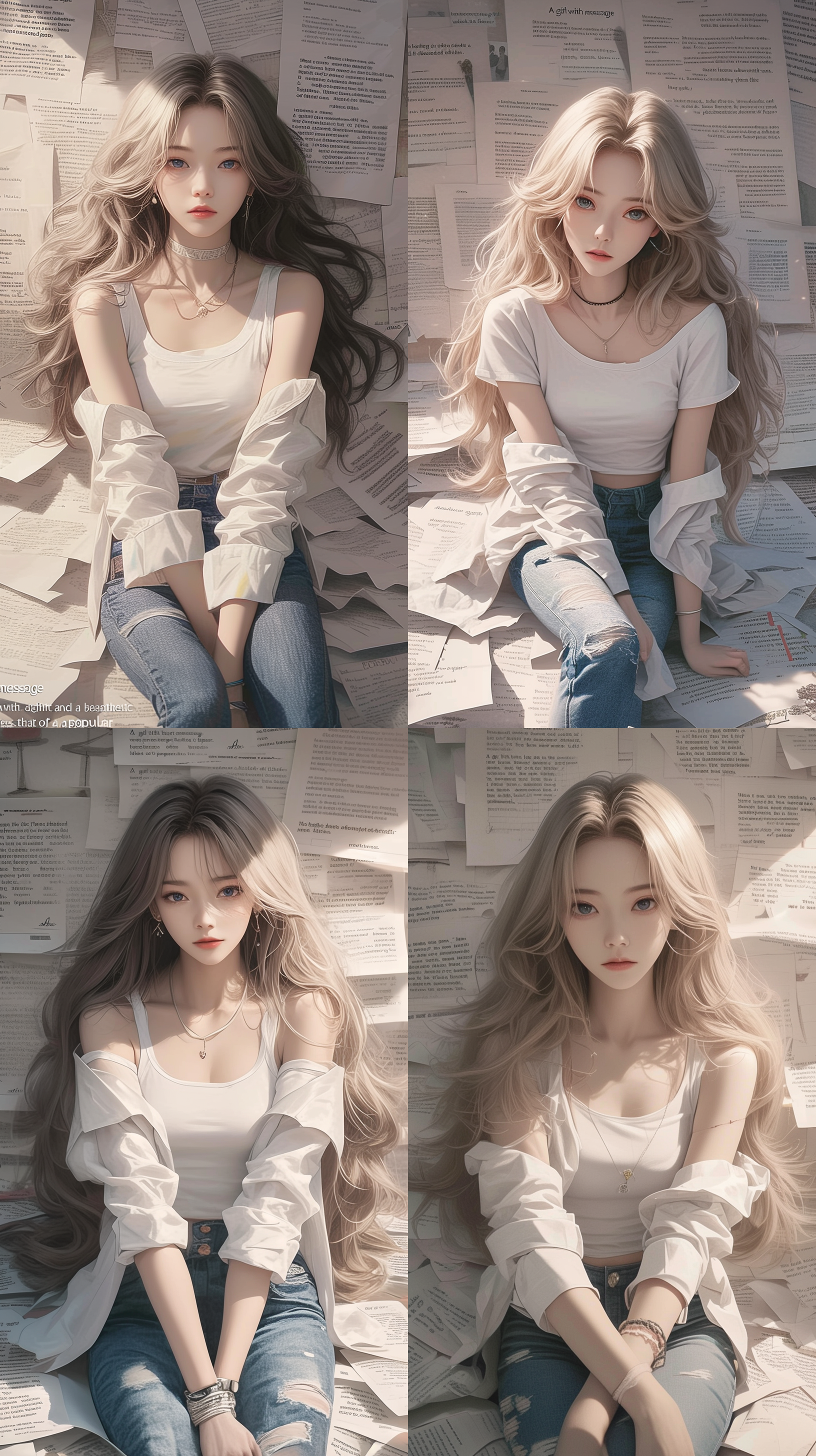 长发、白色上衣和牛仔裤的女孩坐在铺满纸张的地板上，美丽的动漫脸，卡哇伊审美，梦幻浪漫，k 流行偶像脸的风格，高分辨率，全身肖像，细致的五官，细致的眼睛，长长的睫毛，长长的眉毛，丰满的嘴唇，浅金色的长波浪发。