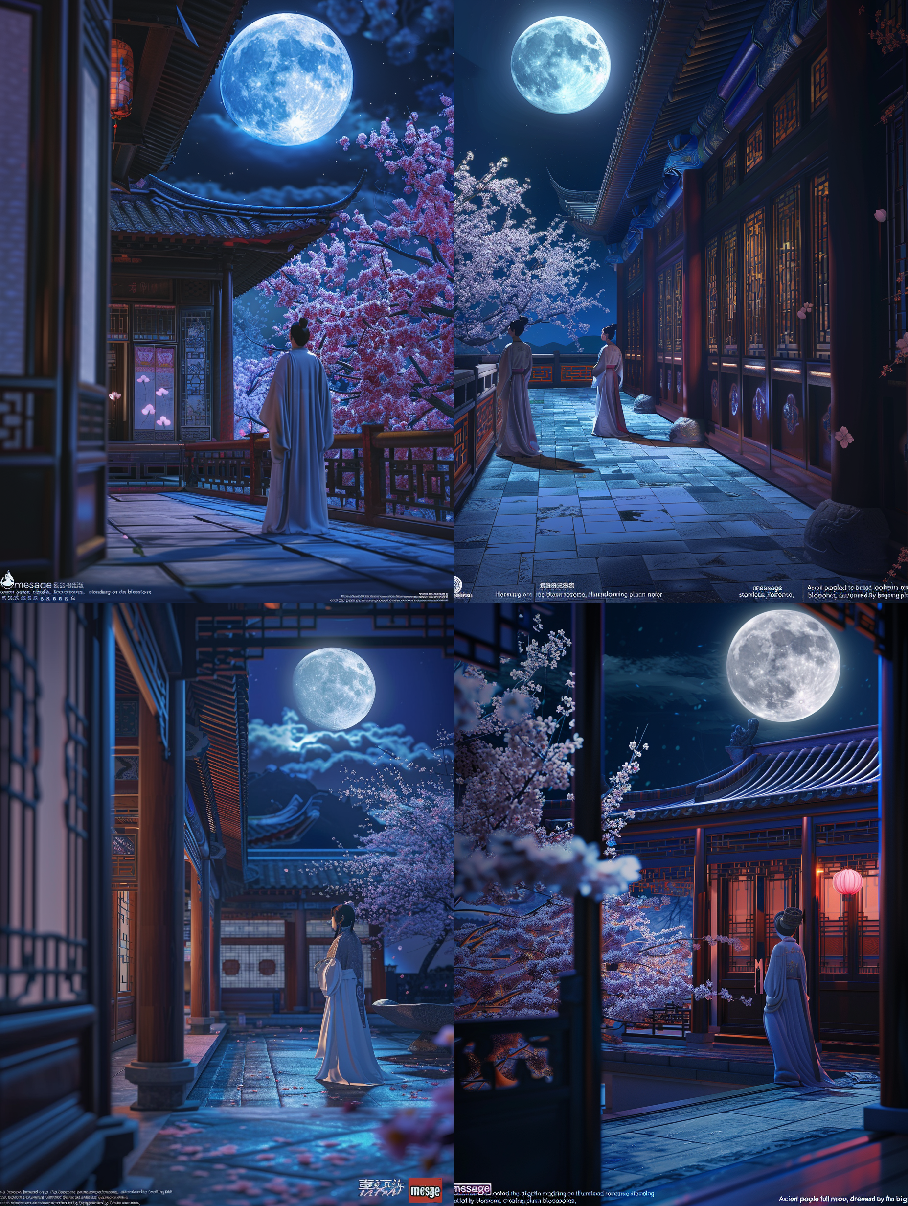 古代人仰望明亮大月亮，古风古装，青石板，庄重敬畏，侧光，梅花，明亮色调，遥远感，端庄。 全身 人物视角 悲伤