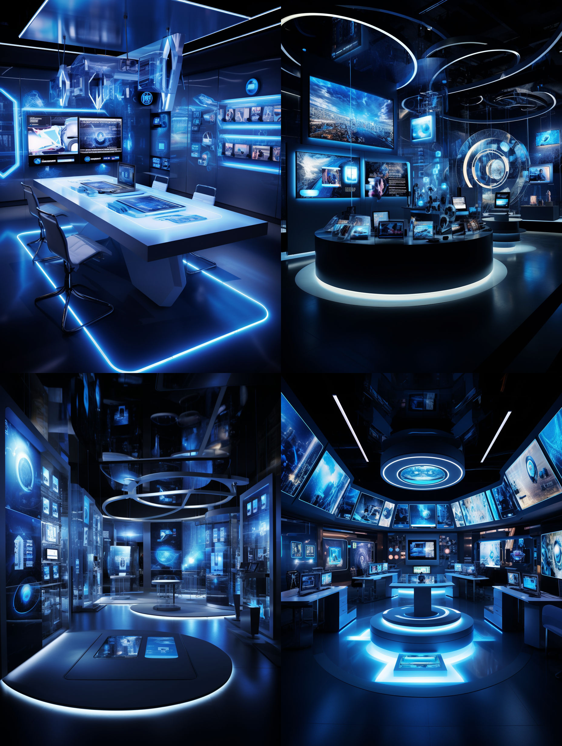 未来感科技元素点亮创意，简洁背景，深色调，高光反射，蓝色，悬浮设备，流线型设计，透明材质，虚拟界面，智能化。