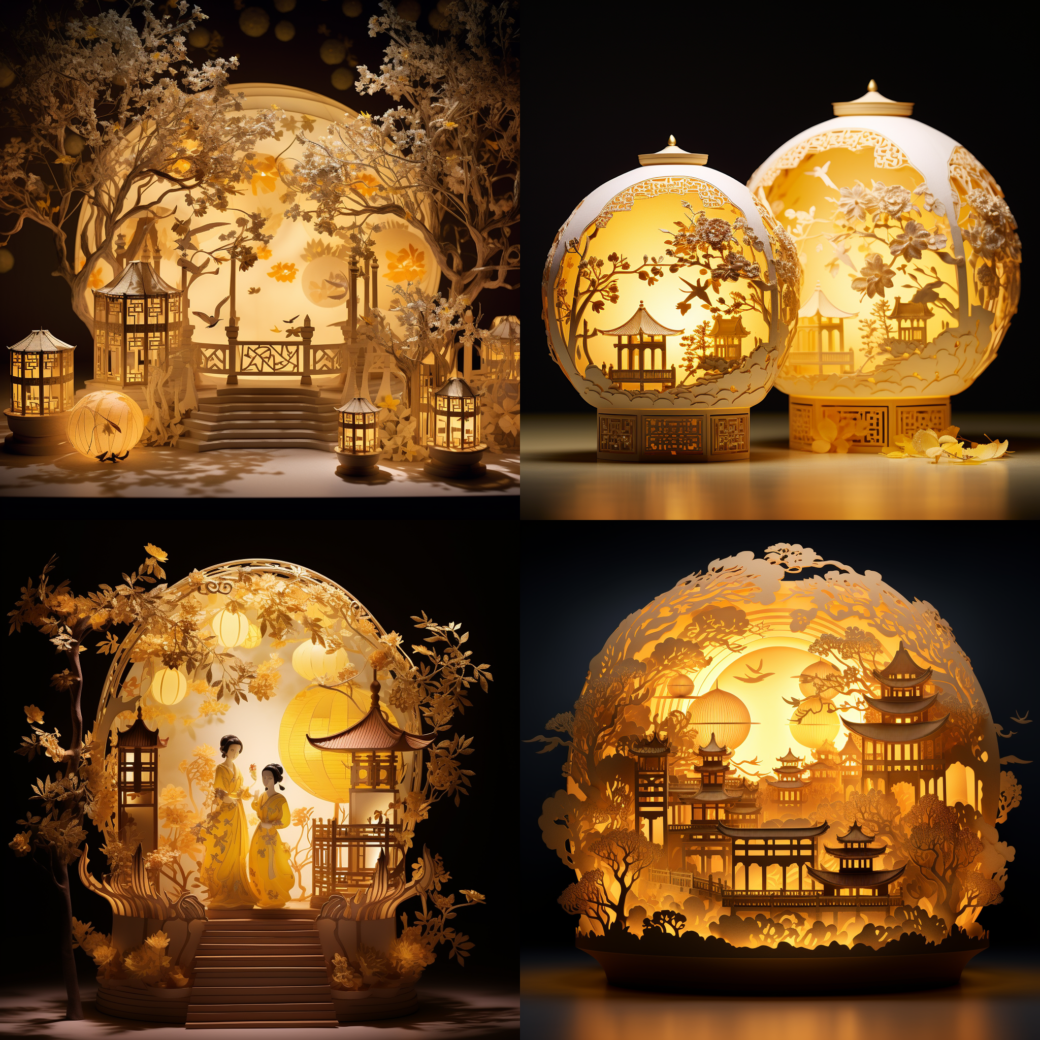 桂花和月宫剪纸灯箱，层次丰富，正视角，黄色调，细节丰富，柔光，纸质质感，桂花花瓣飘落，月宫仙子婀娜多姿，神秘浪漫。