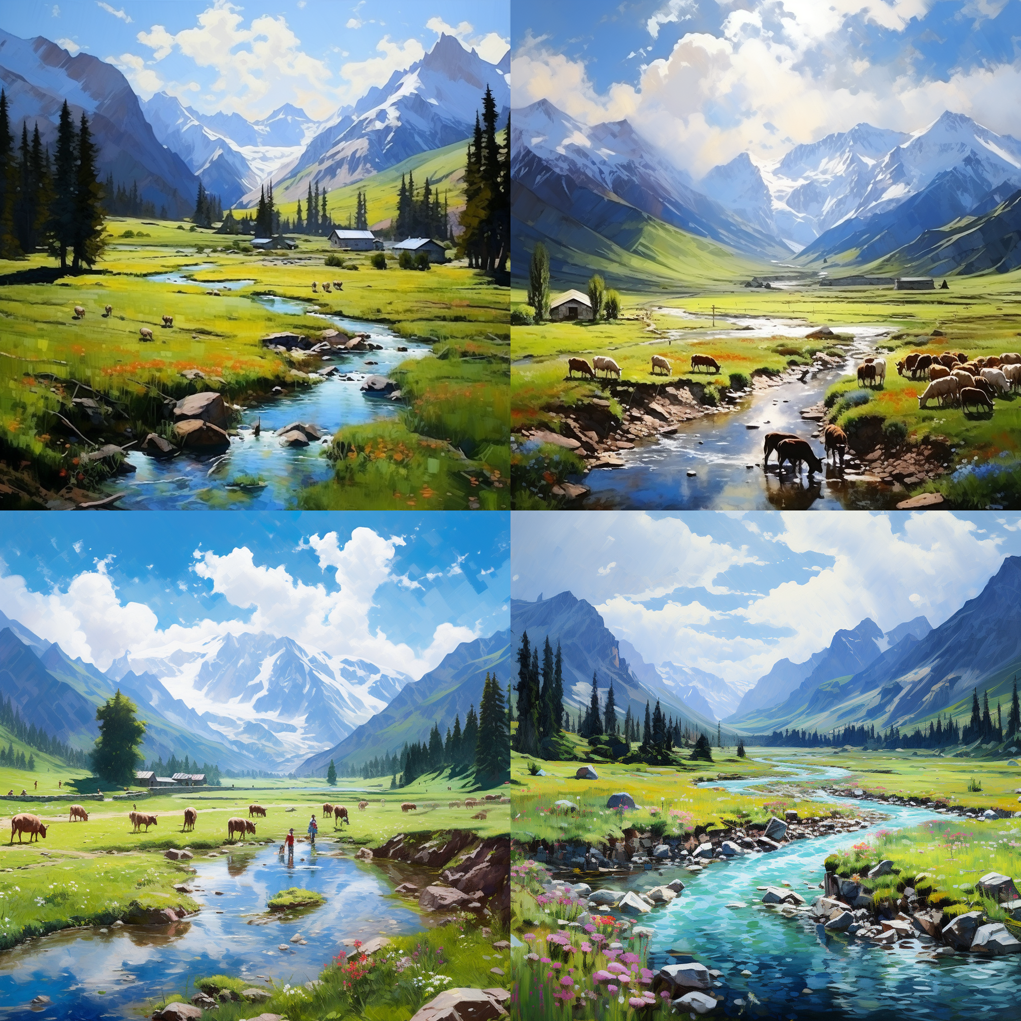 请画系列中国新疆阿勒泰地区夏日风情，细节丰富，油画，视角独特，印象派，唯美构图，专业摄影，航拍，超广角，景深，特写，色彩厚重明亮，8k，大师作品，保罗·塞尚和彼得·埃尔森，汤姆·汉米克风格