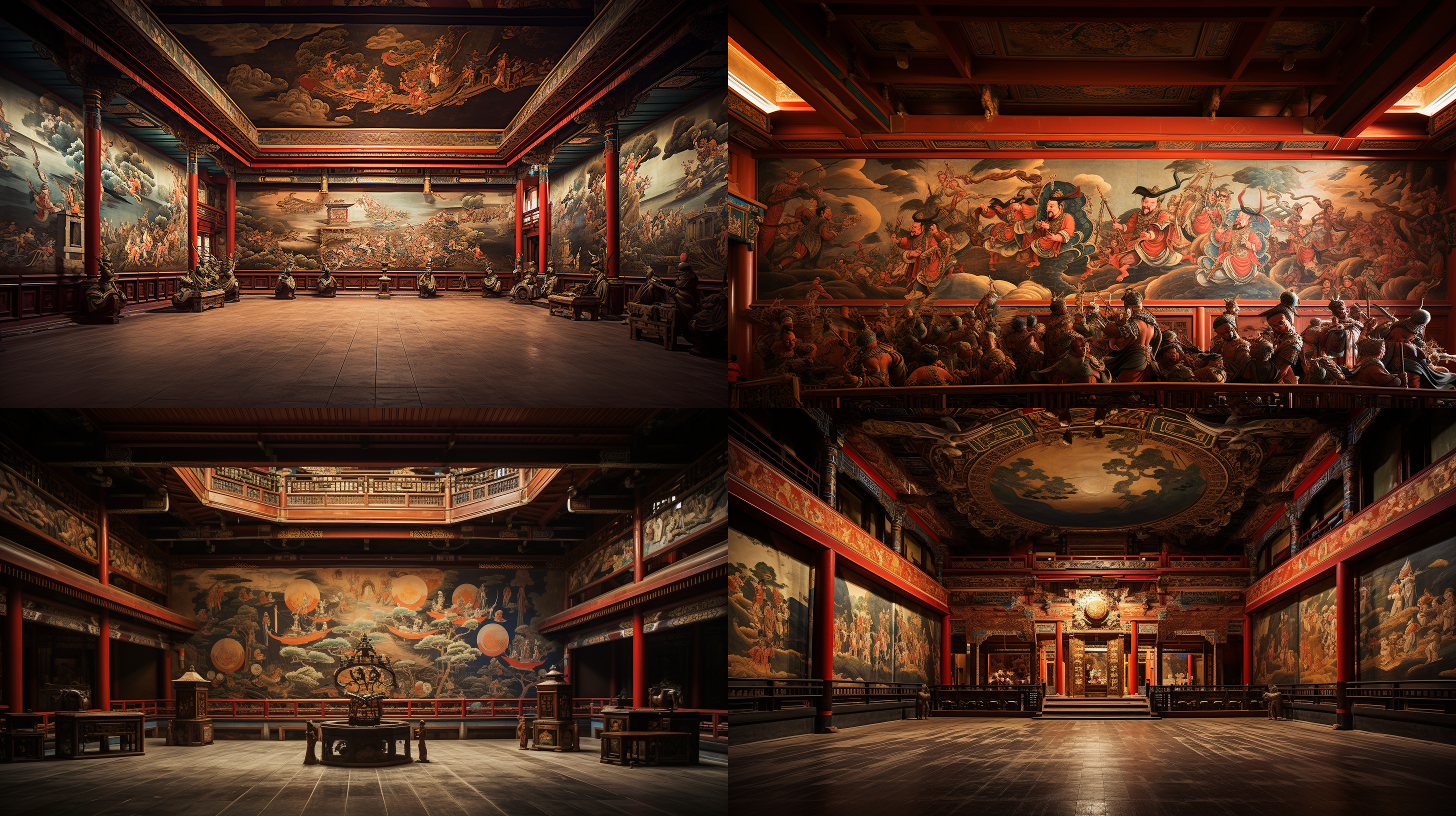 凌霄殿内，古神像屹立，神圣气息弥漫。彩绘藻井华丽绚烂，壁画记录沧桑历史。高角度视角，暖色调，古典风格，广角镜头，静谧氛围，神秘光影，雕刻细节，庄严色彩，古风情怀。