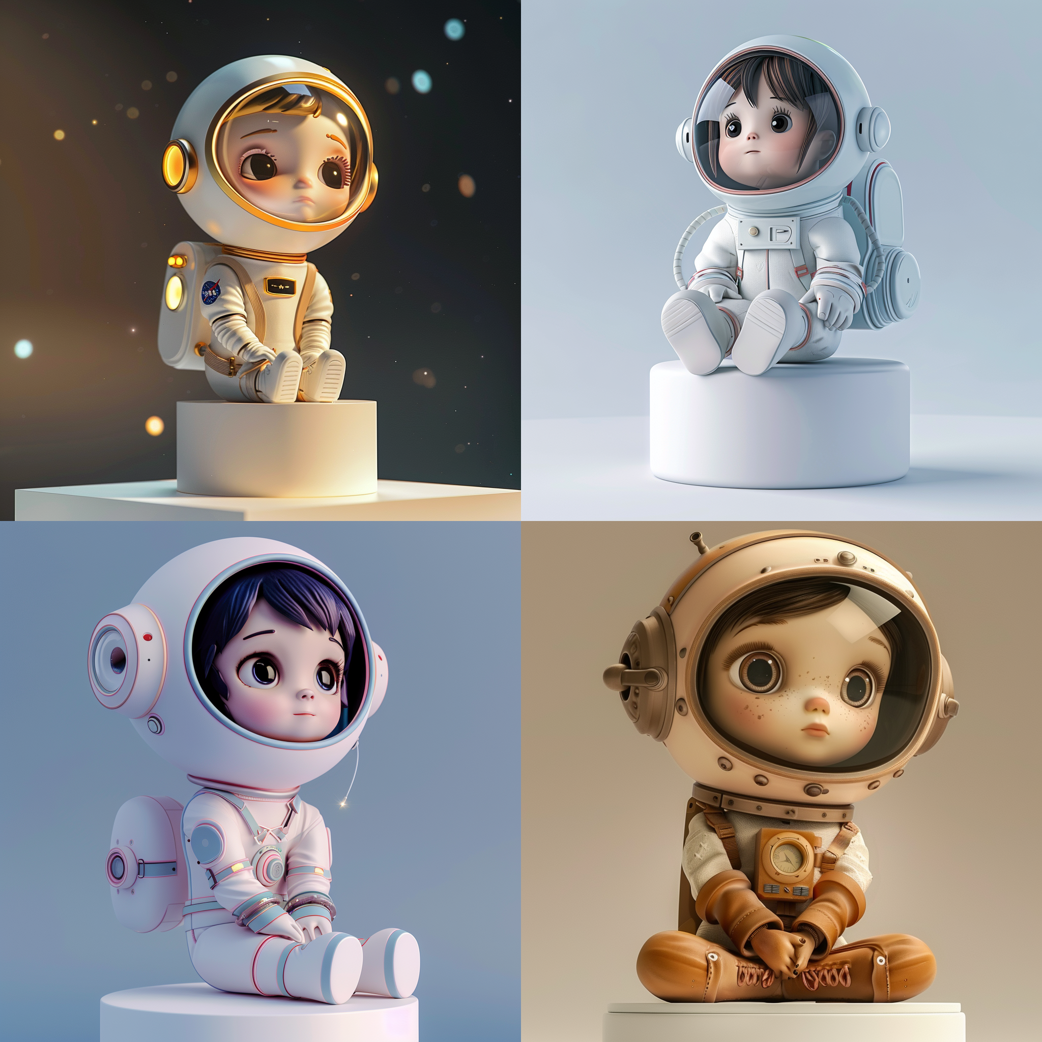 toy with a little doll with a helmet,cute 3d render,cute detailed digital art,female explorer mini cute girl,cute digital painting,stylized 3d render,cute digital art,cute render 3d anime girl ,the little astronaut looks up,cute! c4d,portrait anime space cadet girl,sitting on a white pedestal