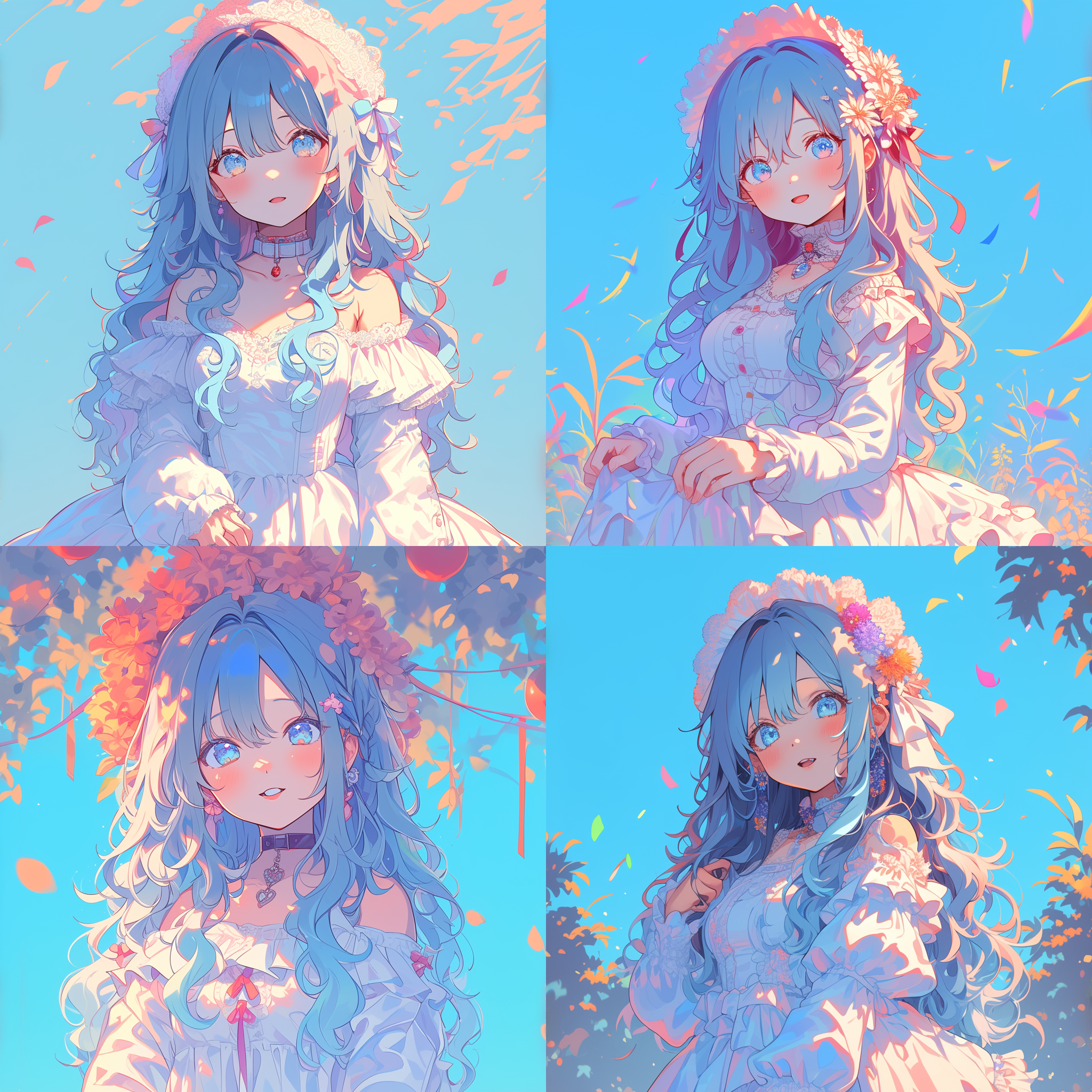 美女穿着白丝袜和白色衣服，站在阳光明媚的花园中，微风吹拂着她的长发。构图优美，充满梦幻感。正面肖像，柔和侧光，抓拍，温暖色调，自然表情。