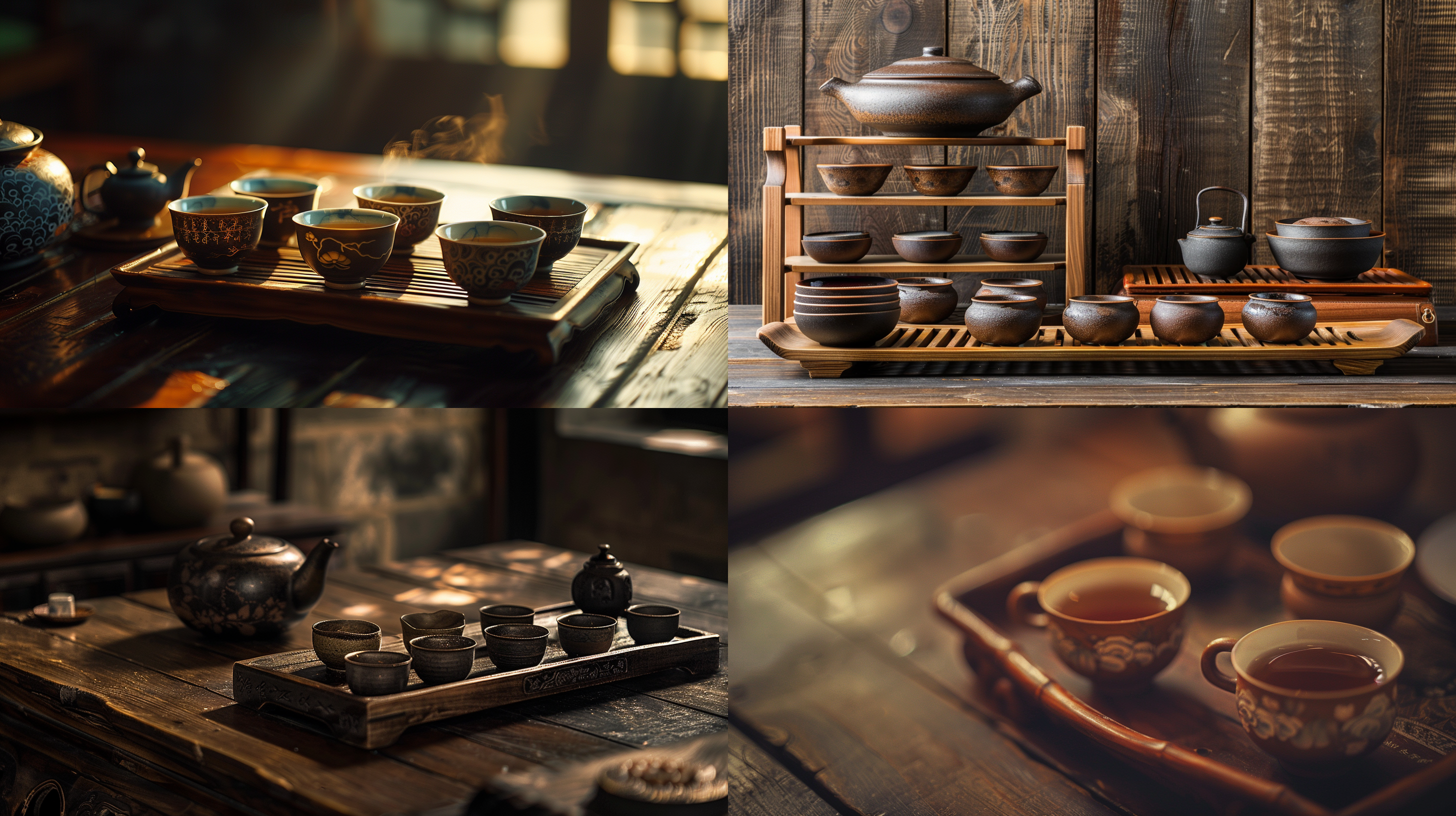 中国传统茶具,盖碗,茶海,品茗杯,闻香杯,紫砂壶,茶道六君子,实木茶案,真实细节,真实质感,光影层次丰富,真实摄影,静物,对称构图,柔和光线,浅景深,温暖色调,自然纹理,优雅气质,细腻入微,禅意悠远。
