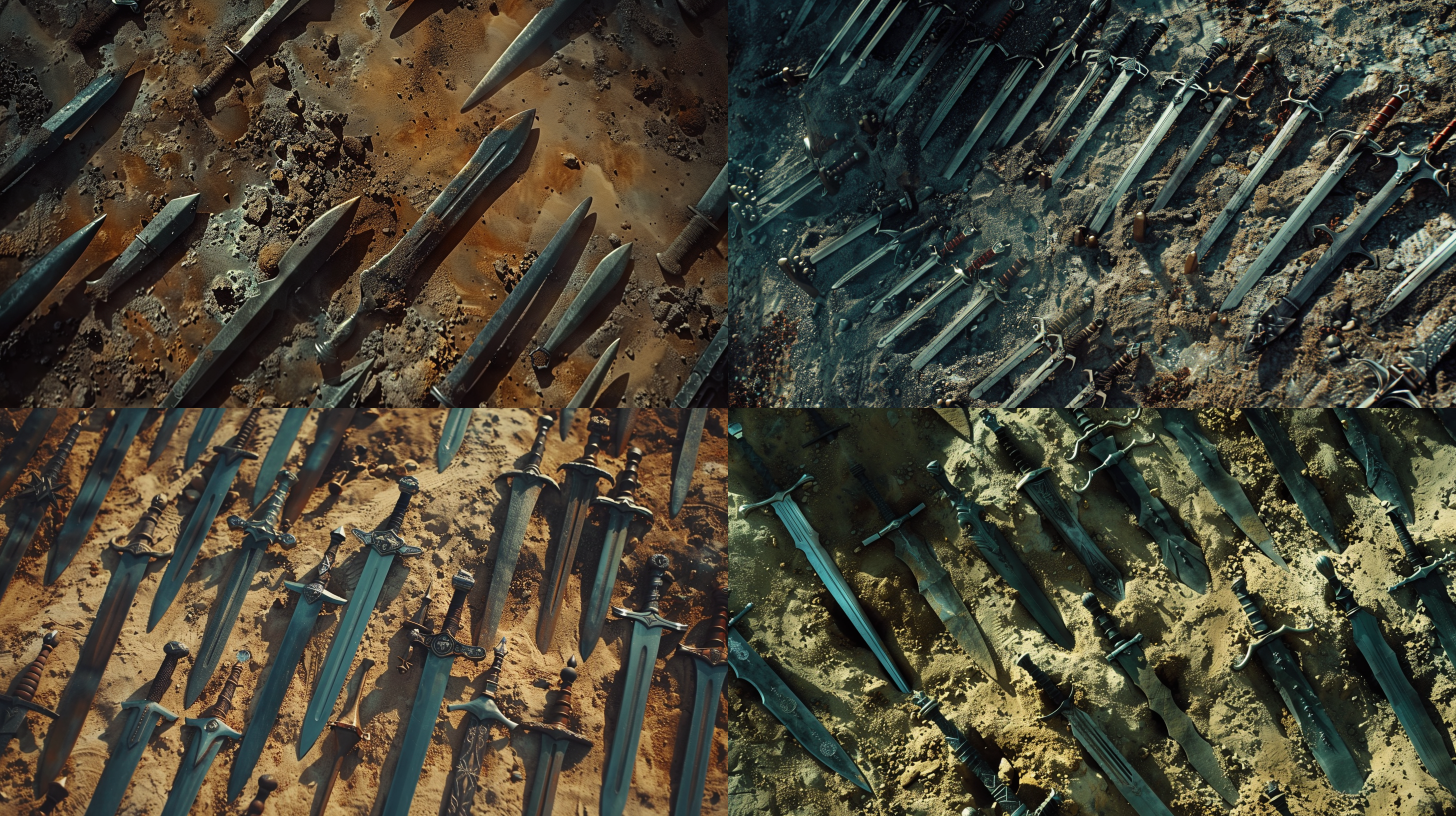 俯视图，几十把宝剑插在一个土坡上，长柄刀剑呼之欲出，透视感，视觉冲击力强，色彩简洁