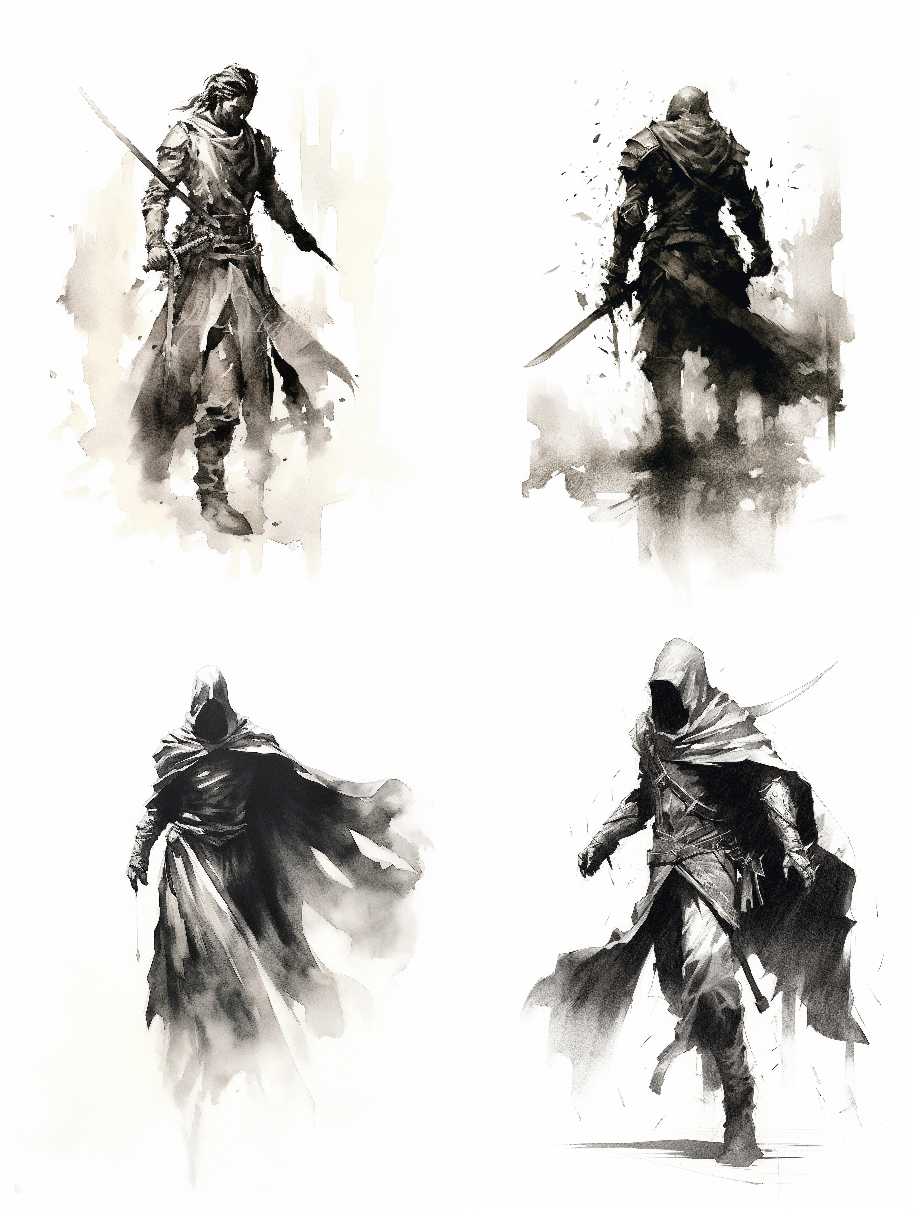 古代侠客剪影, 独行背影, 水墨风格, 黑白线稿, 英姿飒爽, 挺拔身姿, 眼神坚毅, 蓄势待发, 微风吹动衣角, 豪情万丈.