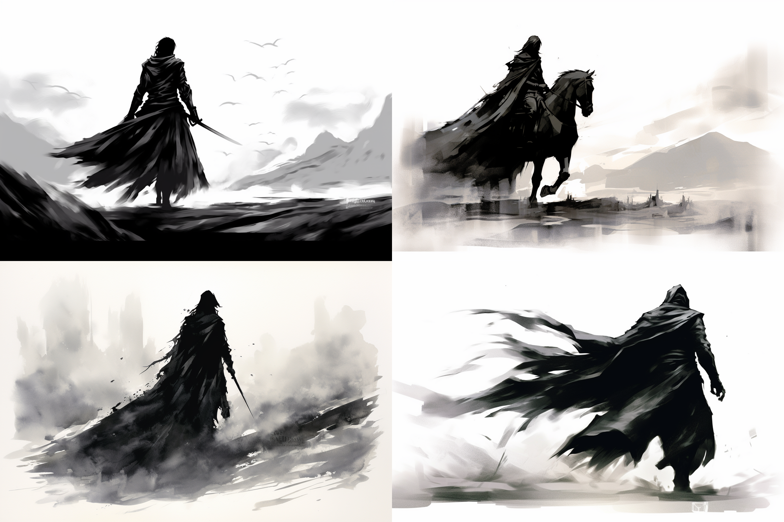 剪影独行，水墨风格，黑白线稿，英姿飒爽，挺拔身姿，眼神坚毅，蓄势待发，微风吹动衣角，豪情万丈。, 古代侠客, 高对比度, 肖像模式, 剧烈动作, 挑战, 决心, 刚毅, 黑白色调。