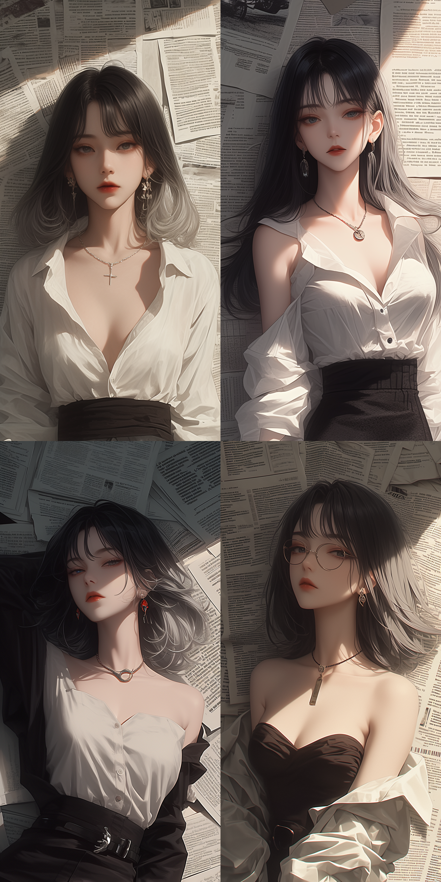 黑发美女，正面照，上半身，靠墙，墙上贴满报纸，与图片相似