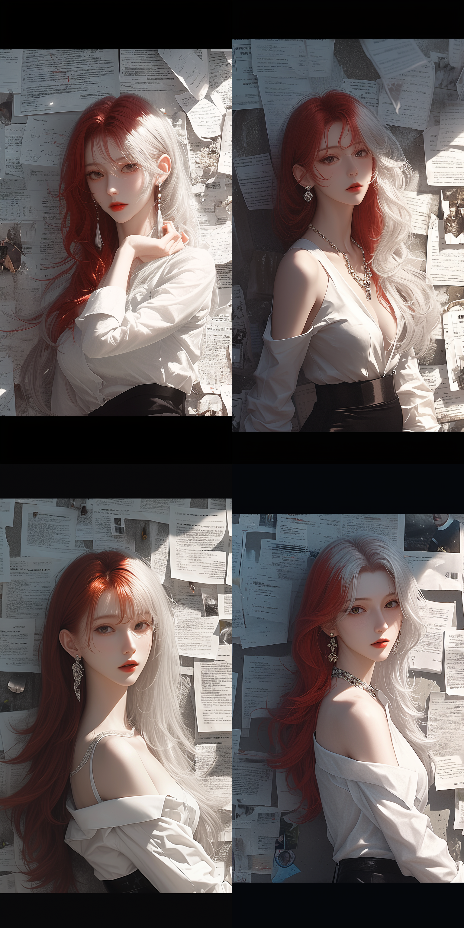 红发美女，正面照，上半身，白色衬衣，靠墙，墙上贴满试卷，与图片相似