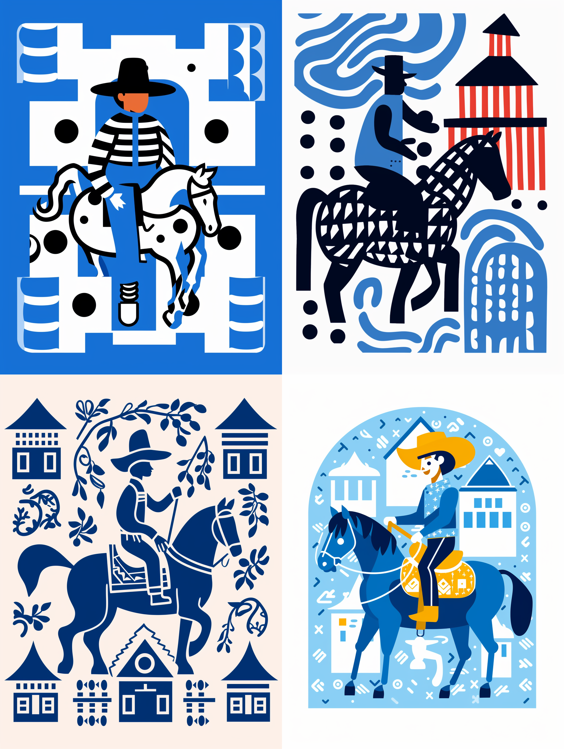 a cute cartoon ip image dressed in blue denim icon,riding on a horse, with a barn behind it，denim blue light blue, cowboy hat,illustration,white background，(minimalism illustration), bold lines, in the style of keith haring, mixed patterns, text and emoji installations 8k