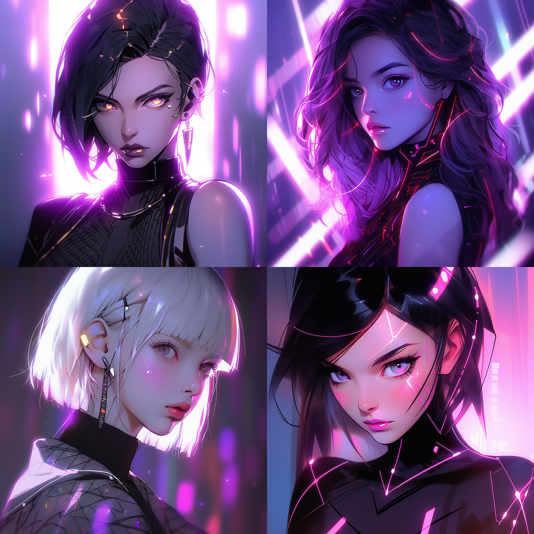 2.5d小姐姐，身材曼妙，半身像，柔和光影，赛博朋克风，紫色霓虹背景，特写镜头，眼神坚定，微张嘴唇，未来感服饰，金属质感配饰，冷暖色调对比，神秘感，动态捕捉。