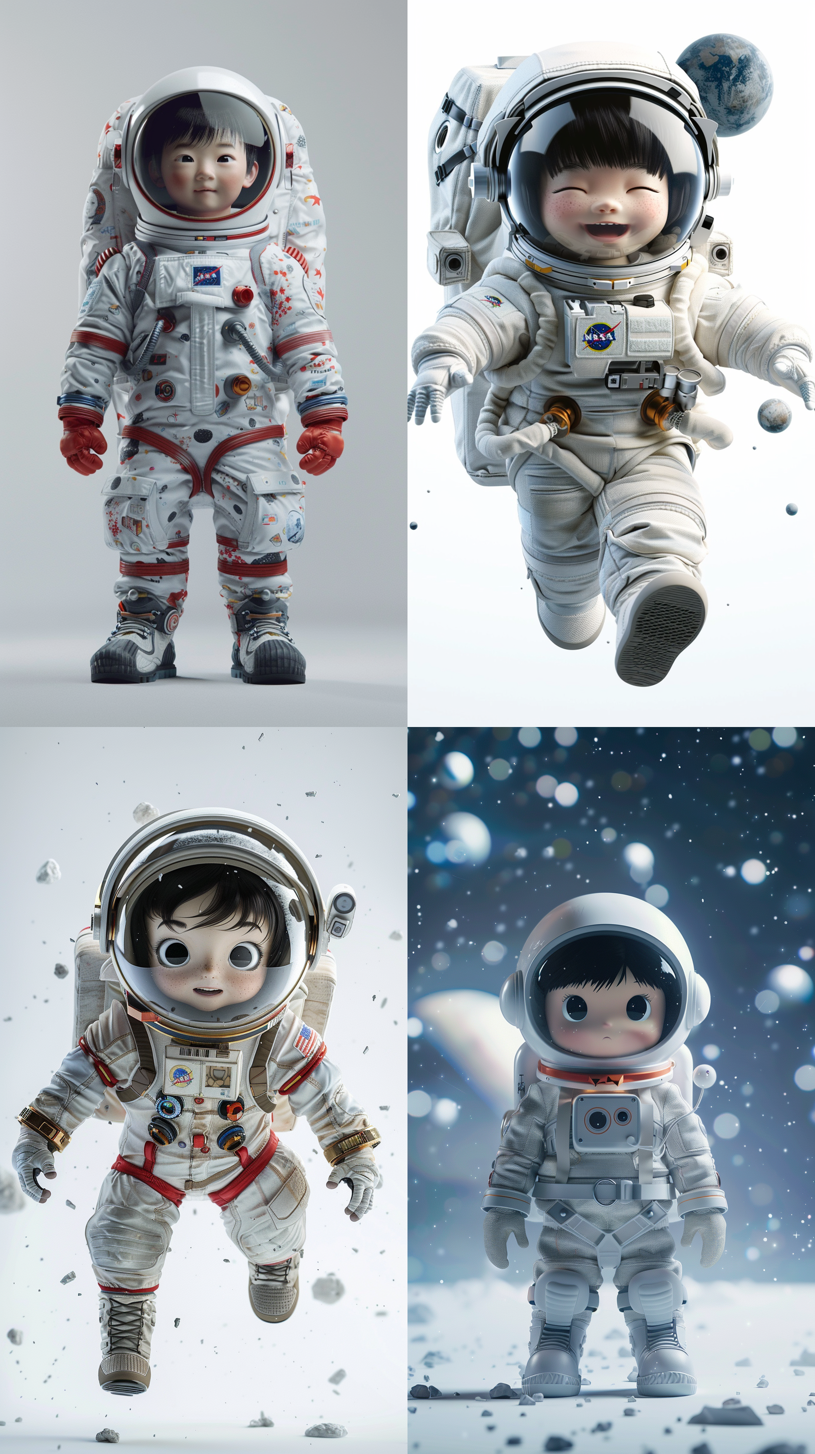 中国小男孩穿宇航员服，黑眼睛，衣服上印有五星红旗图案，漂浮在浩瀚宇宙中，开心表情，全身像，超现实主义，未来主义，电影灯光，面部细节，高质量，32k，c4d，3d，手机海报，人物占四分之一，大面积留白