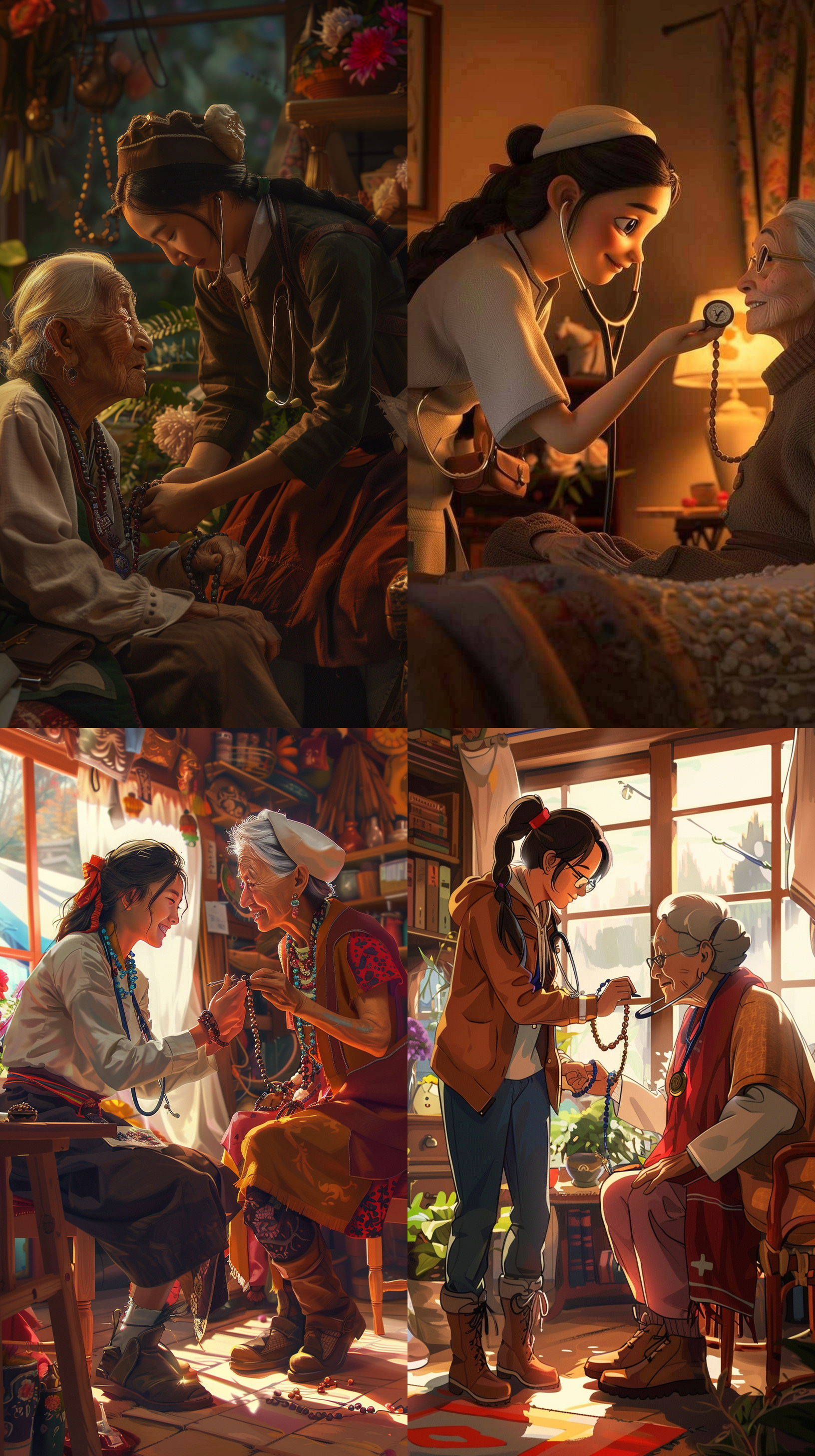 藏区少女，穿着藏服的护士，戴着护士帽，宫崎骏动画，柔和光线，穿着靴子，戴着听诊器，给一位老奶奶看诊，老奶奶慈祥的笑容，手里拿着佛珠念珠，正面肖像，喜悦，暖色，温馨色调。电影感，鲜花