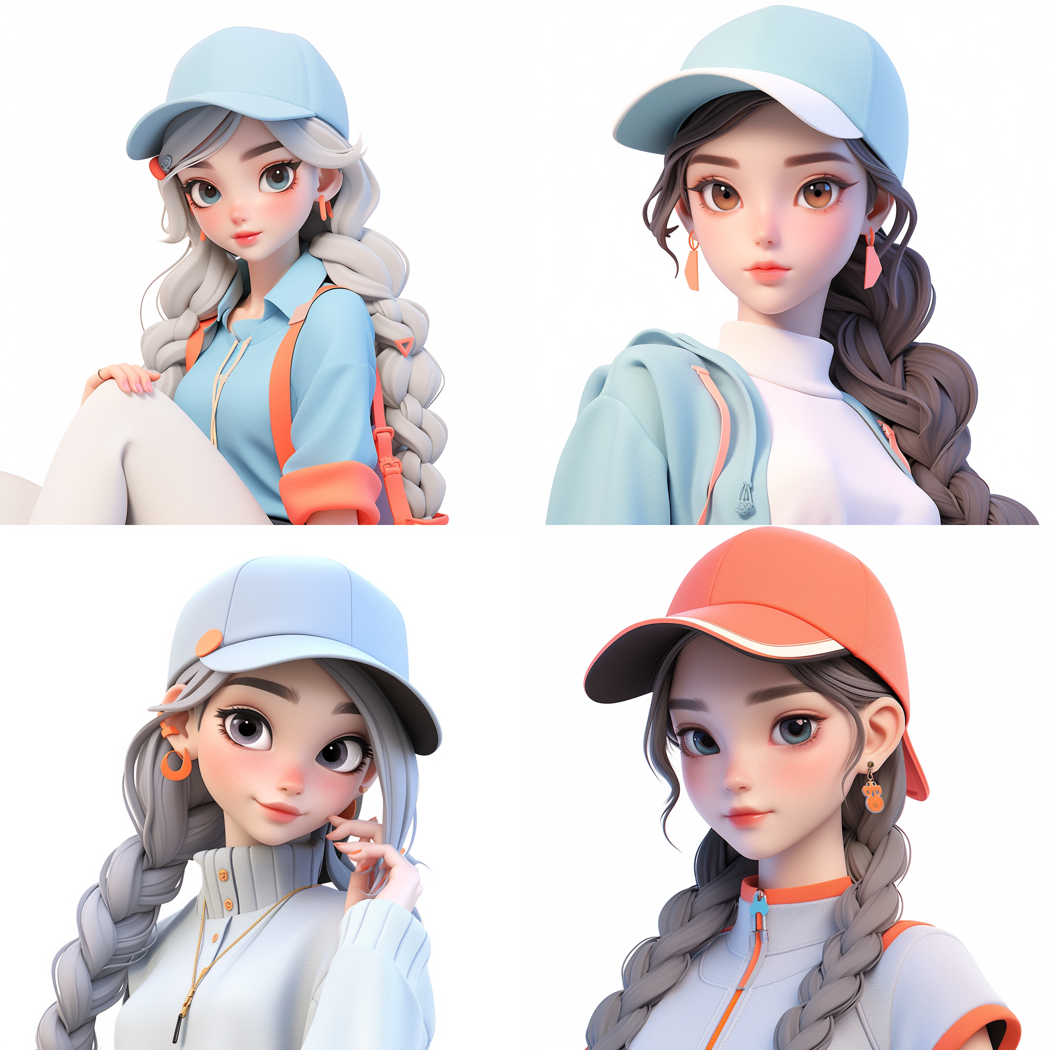 为我制作头像：白色背景，3d卡通风格女孩，精致的脸部，带鸭舌帽，夏季潮流时尚服装，泡泡玛特配色，亮丽配色，上半身，女孩坐在电脑旁边，由pop mart制作，光滑细腻，黏土材料，辛烷值渲染，超细节，8k,