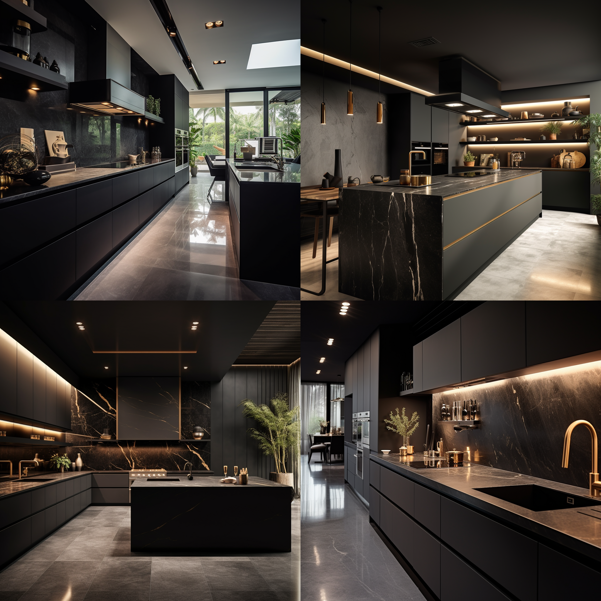 现代简约偏黑色系u型厨房，大理石地板砖，洗手台，墙面天花板发暖光，一个笑眯眯大象，大场景，摄影，电影质感，冷暖光，高对比，最佳构图 厨房大象，u型布局，电影质感，冷暖光，高对比，大场景，大理石地板，笑眯眯，现代简约，墙面天花板，洗手台，黑色系，发暖光。