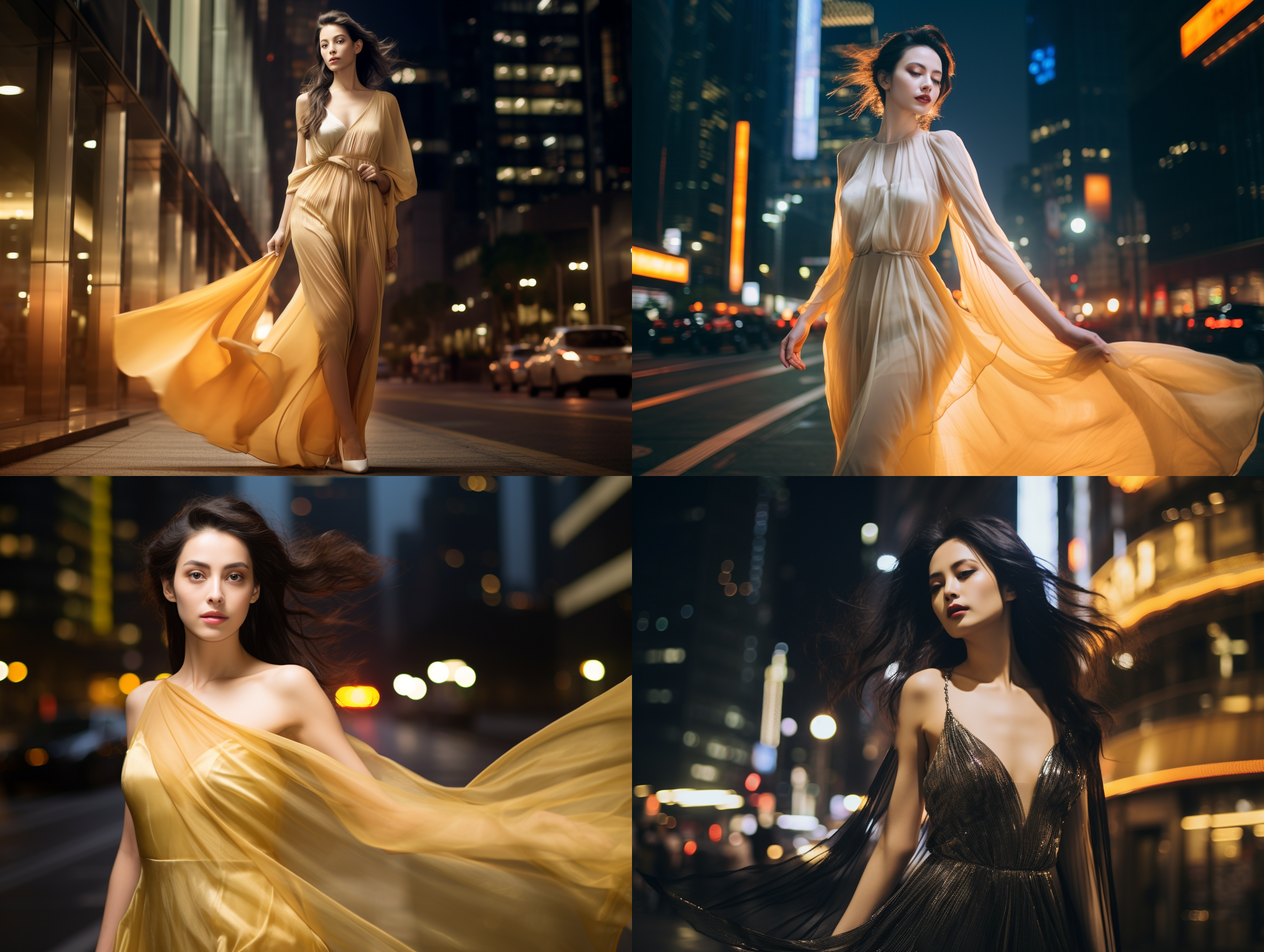 魅力摄影，黄金分割构图，中国中年美女，飘逸的黑发，大长腿，穿着华丽的礼服，走在大街上自信优雅，周围是摩天大楼和霓虹灯。摄影风格细腻，透视力强，对比强烈。模特的动作自然优雅，中性灰色调为画面增添了神秘感。远景，轮廓照明，辛烷渲染，电影般的拍摄