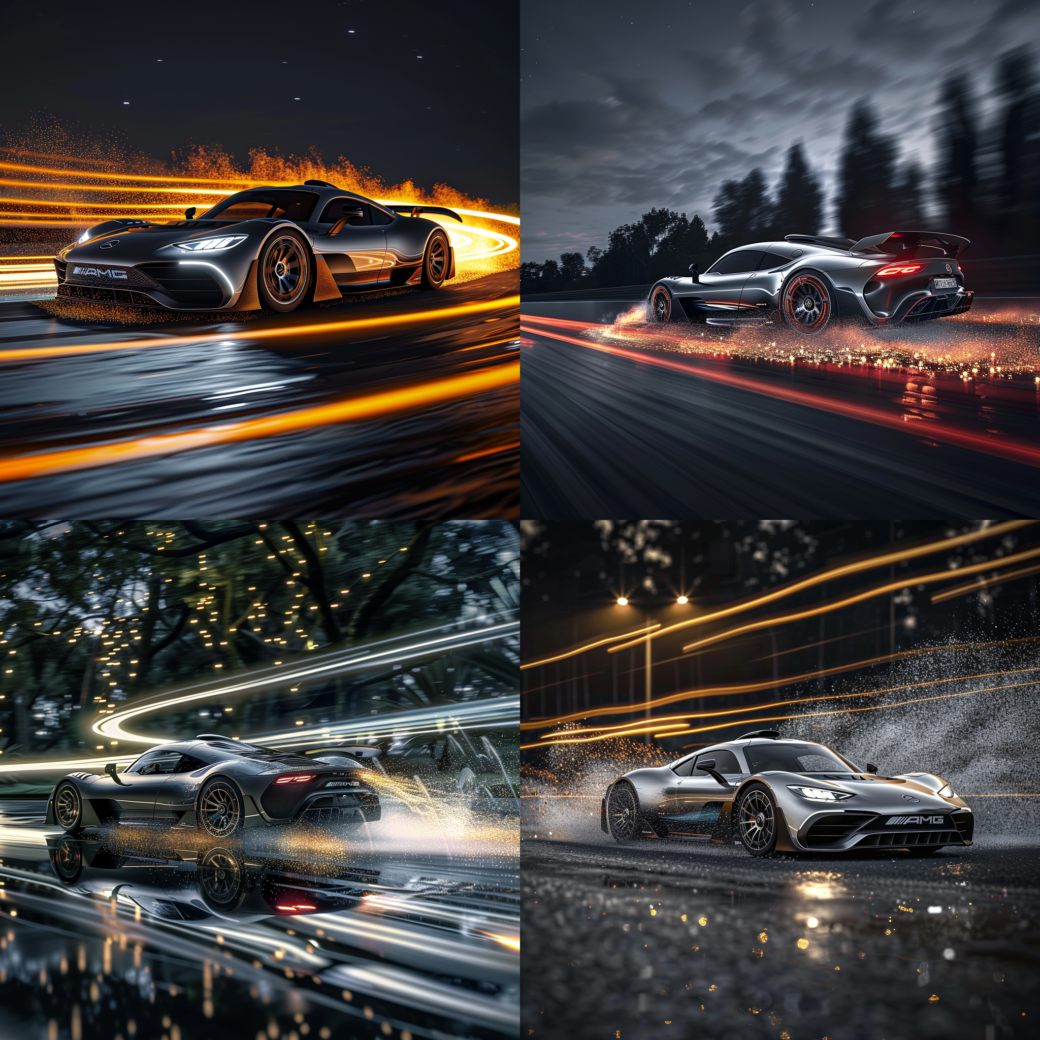 light painting, bullet time, dark gray amg one's decisive moment of overtaking on a nighttime bend, splashing small particles of gravel, car light stripes,high speed, motion blur, dynamic motion and energy, original and unpolished style, super realistic, masterpiece, original photos,32k,hdr,