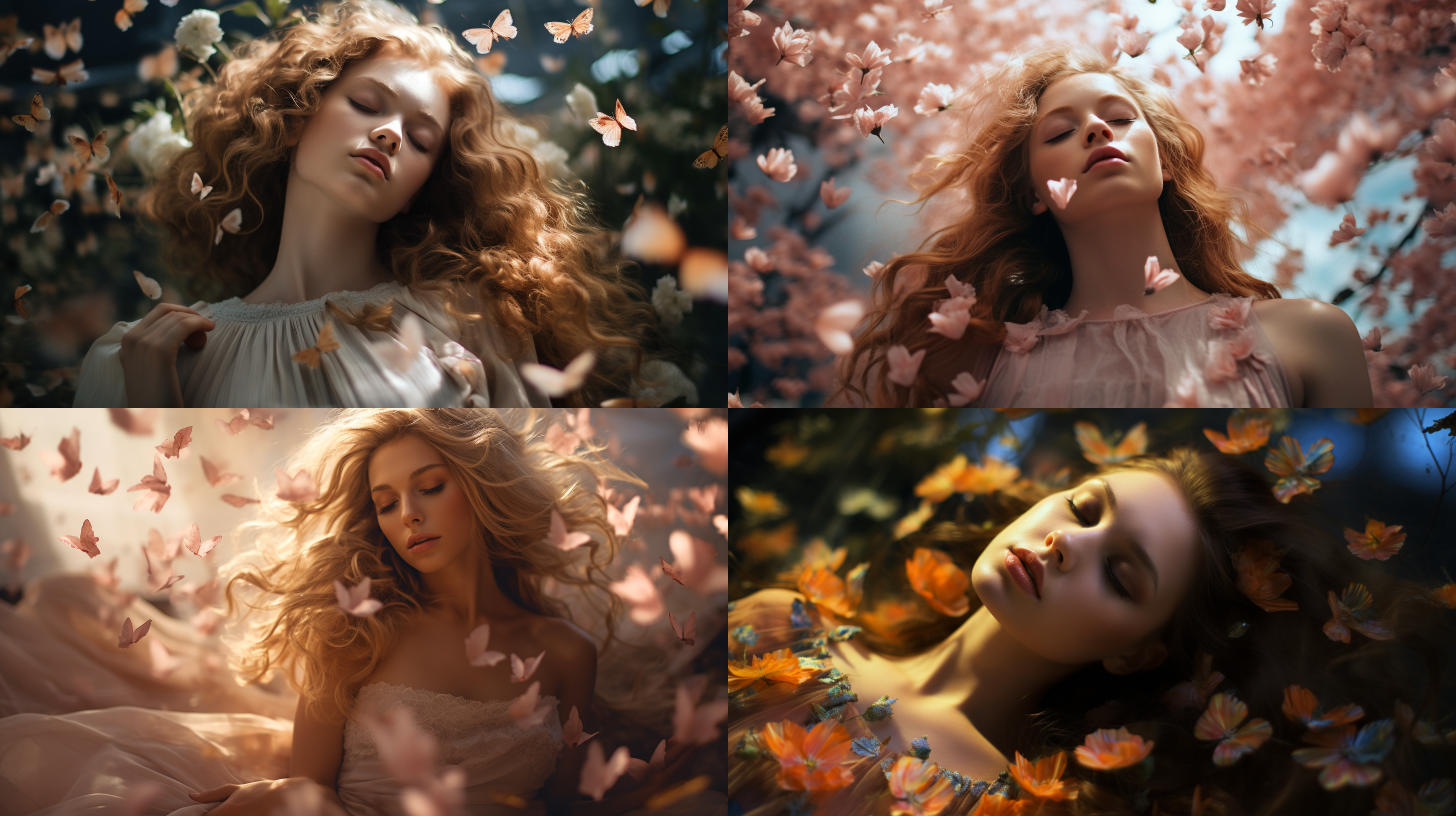 thegirl,amidstabedofflowers,holdsfreshblossoms.theflowersclusteraroundher,ariotofcolors.butterfliesdanceintheair,capturedinclose-up.herdelicatefeaturesandlongwavyhairadornedwithabow,complementhersmoothskin.thescene,reminiscentoffilmgrain,issetagainstahazybackgroundwithwispsofsmoke.cinematiclightingaccentuatestherealismandintricatedetails,evokingasenseofauthenticity.