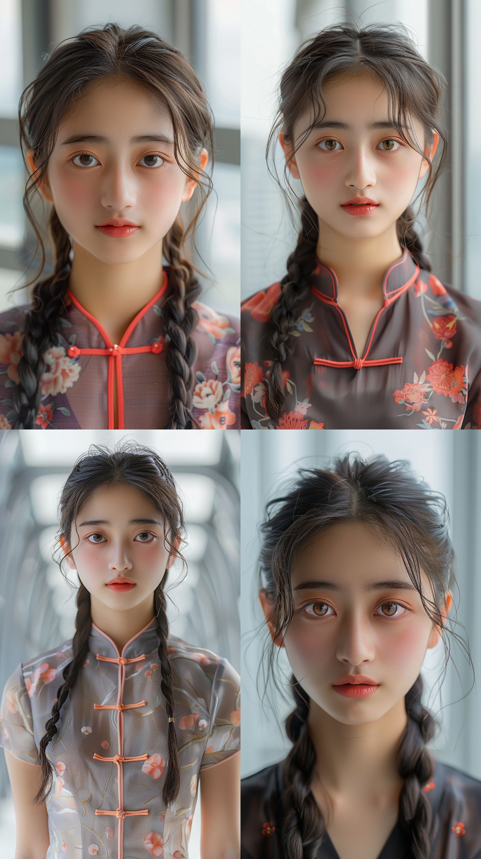 美丽的中国女性，穿着现代感的旗袍，站在现代建筑背景下。构图大气，镜头是32k画质，透视角度，明亮色调，柔和侧光，自信微笑，优雅动作，传统与现代融合，充满活力。