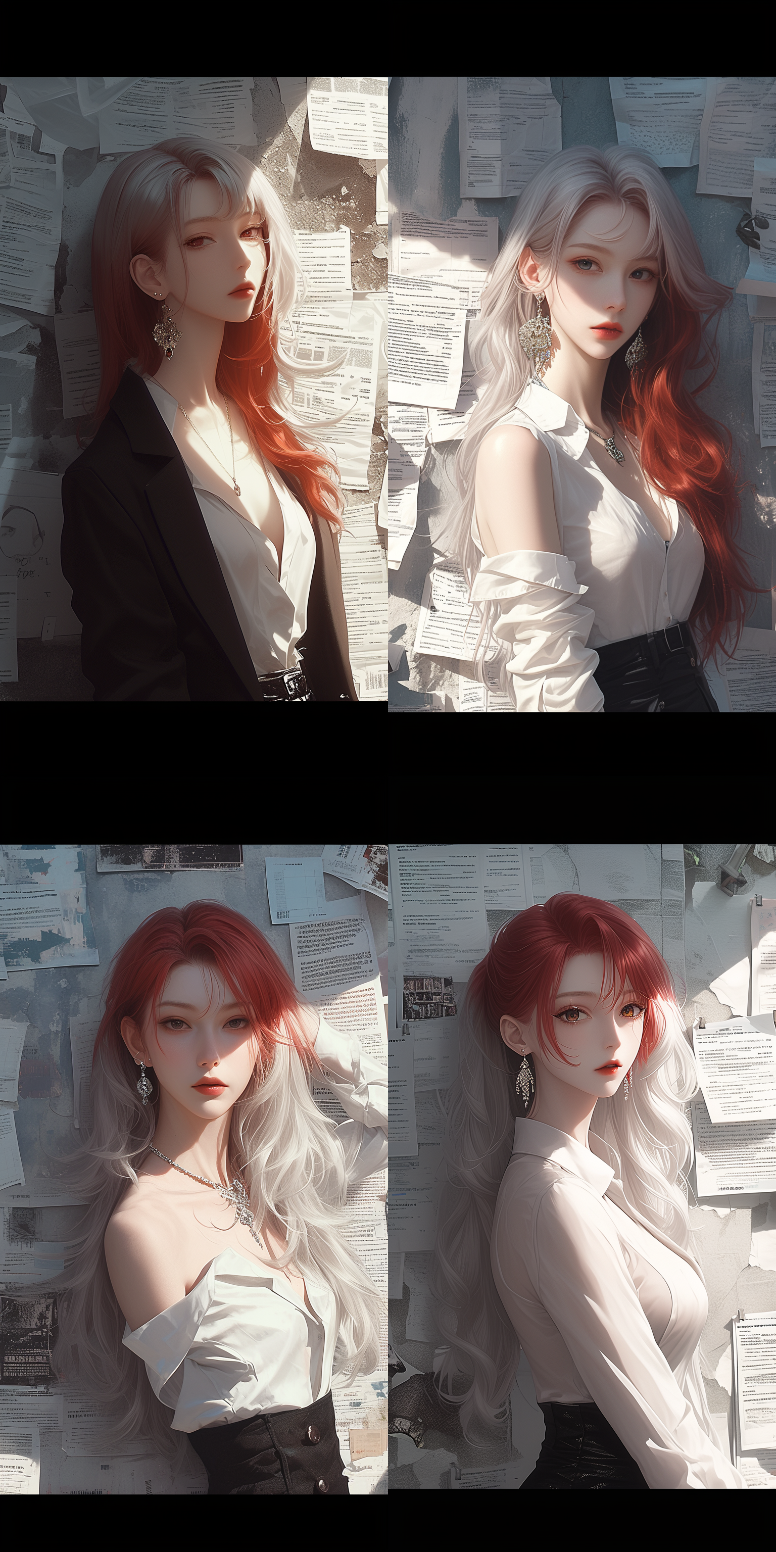 红发美女，正面照，上半身，白色衬衣，靠墙，墙上贴满试卷，与图片相似