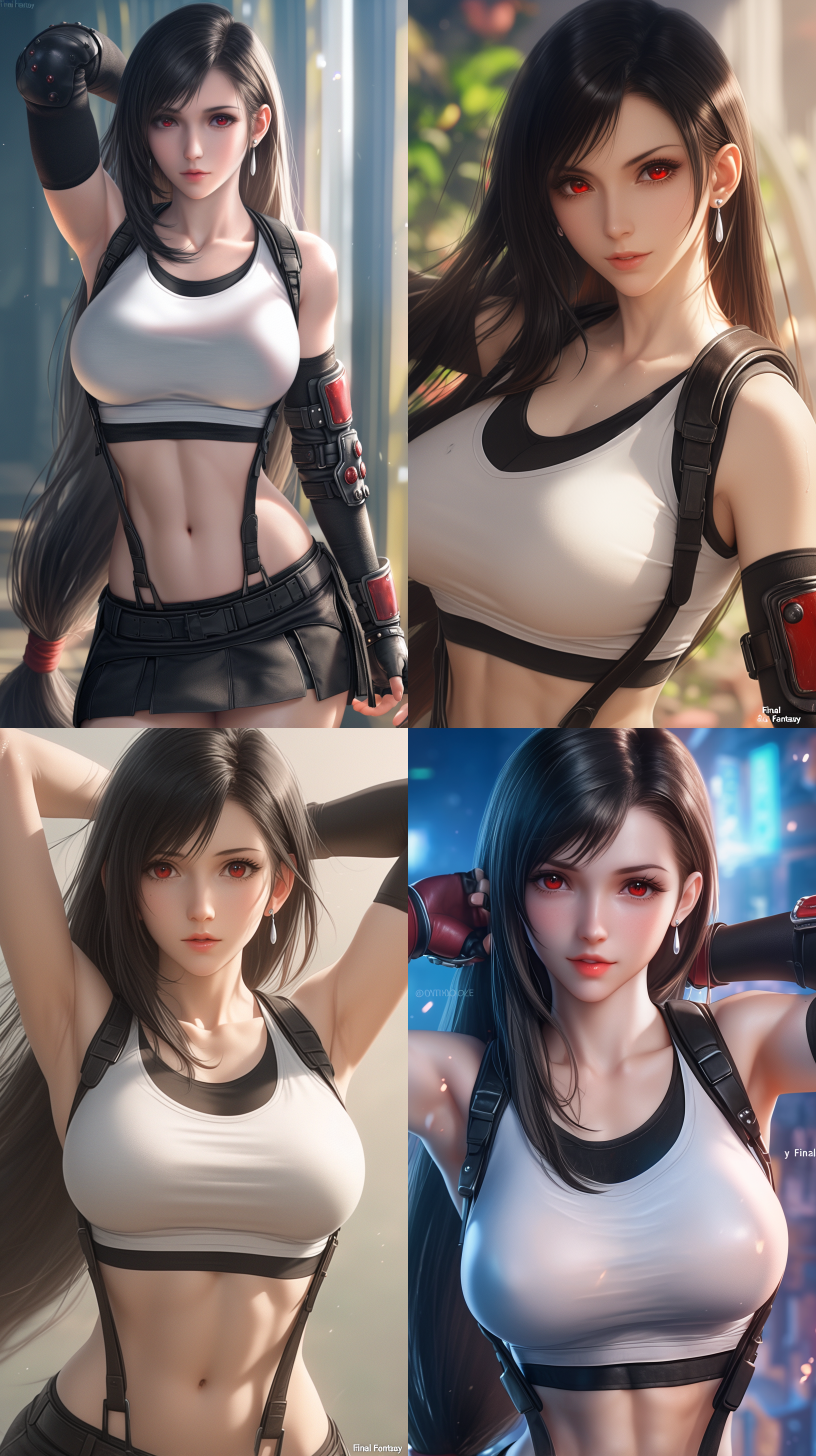 《最终幻想7》中的蒂法·洛克哈特，身穿黑白无袖t恤，长长的黑发，红色的眼睛，美丽的脸庞，完美的体型，完美的手部姿势，动漫风格，超写实。