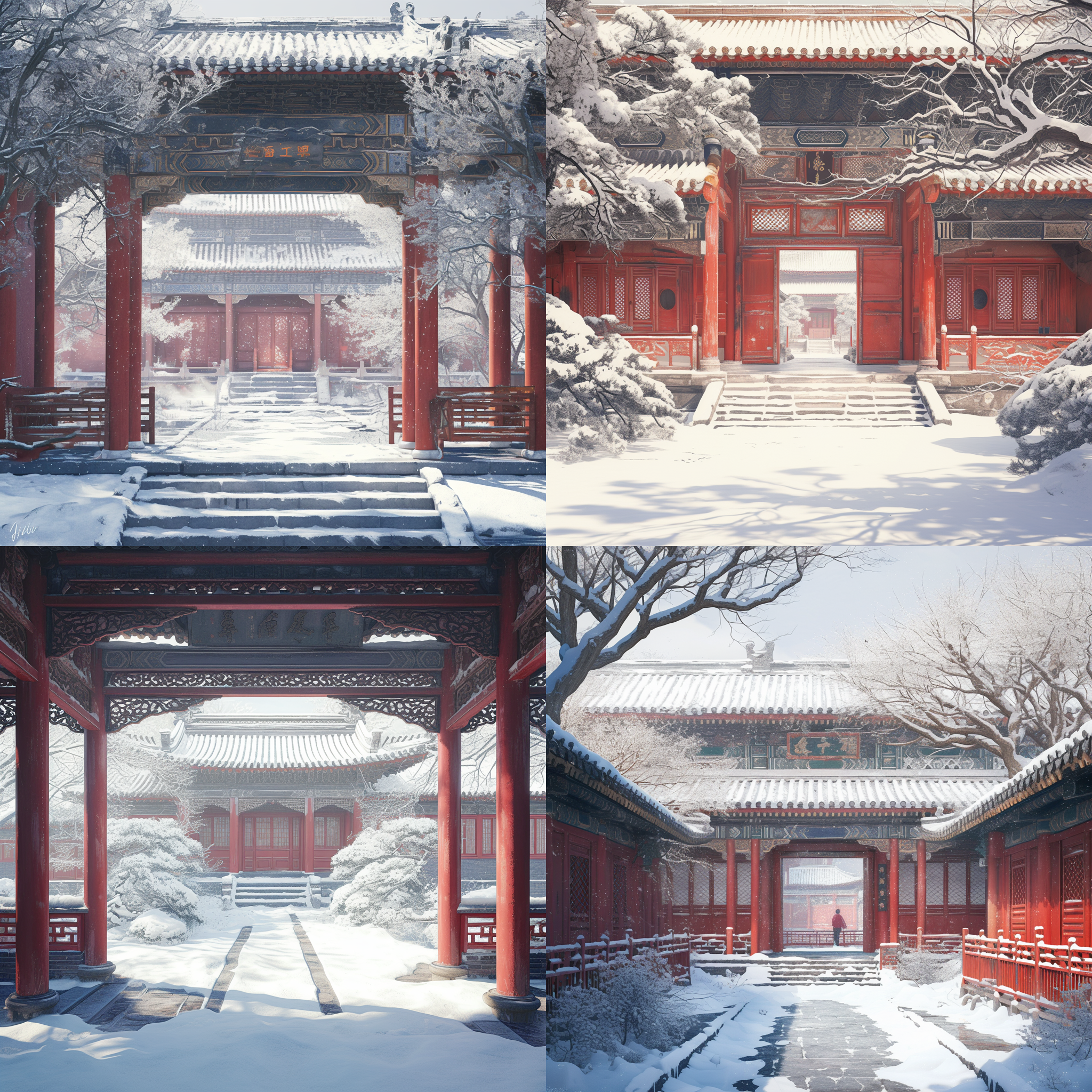 古代中式庭院，红墙木质建筑，雪景。大气磅礴，寒冷色调，远景构图，神秘又优雅宁静。环境人像摄影，长焦镜头，静态，白色主题，柔和侧光，端庄表情，恬静。