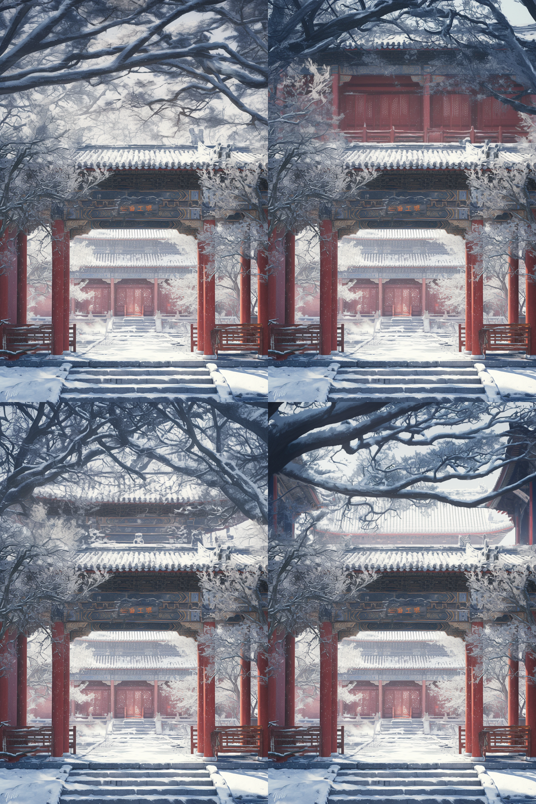 古代中式庭院，红墙木质建筑，雪景。大气磅礴，寒冷色调，远景构图，神秘又优雅宁静。环境人像摄影，长焦镜头，静态，白色主题，柔和侧光，端庄表情，恬静。
